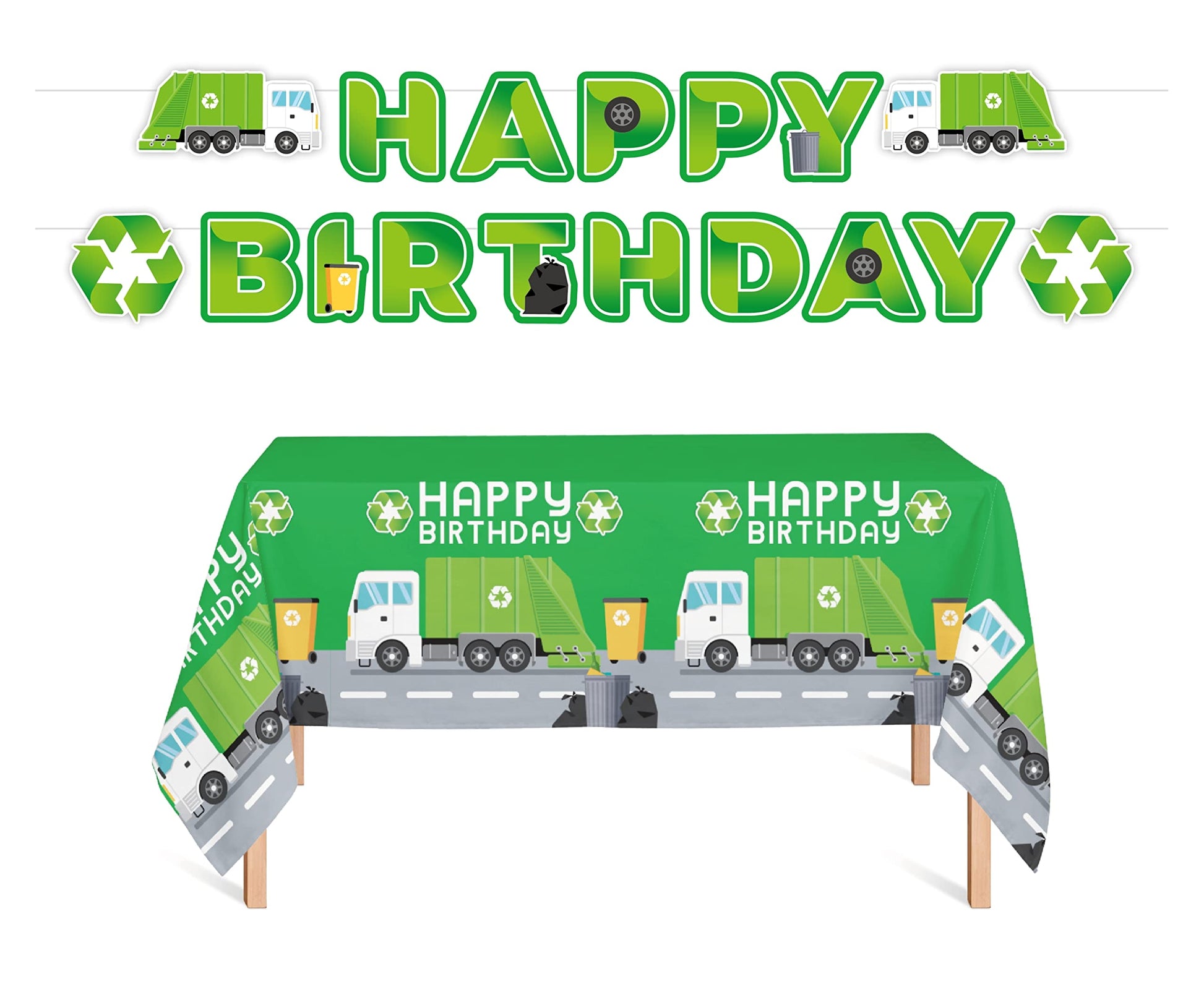 Oojami 3 Pack Table Cover Garbage Truck Theme Tablecloth Large Size 108" x 54" Includes 1 Happy Birthday Banner