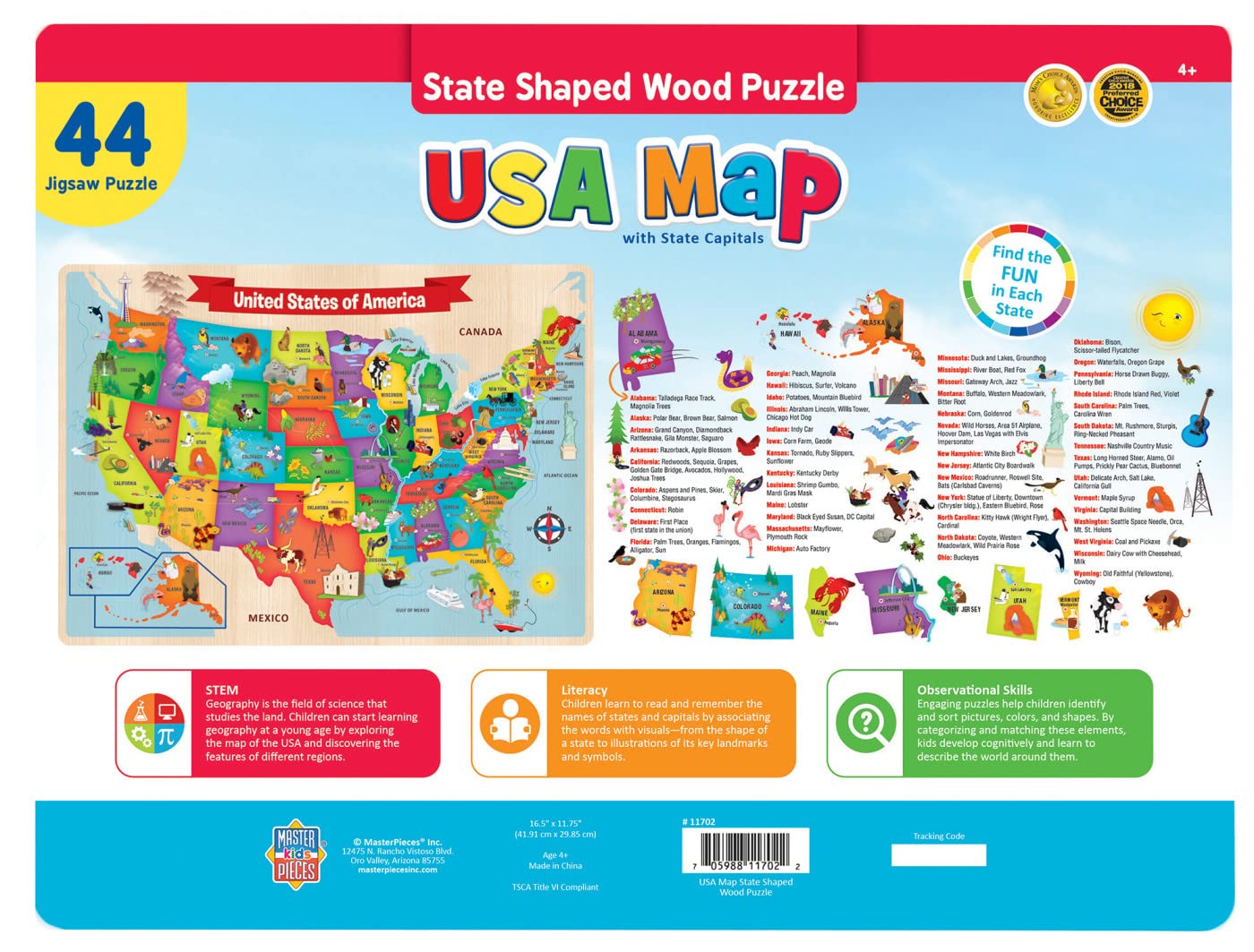 MasterPieces 44 Piece Jigsaw Puzzle for Kids - USA Map Wood Puzzle - 16.5"x11.8"