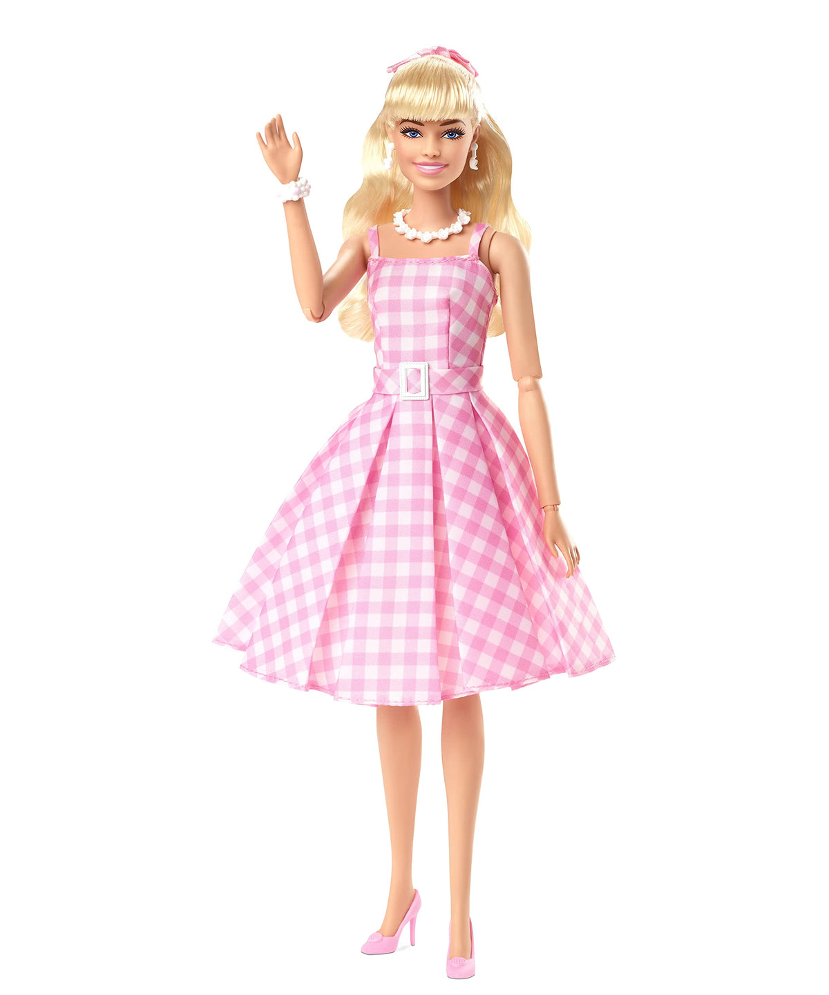 Barbie The Movie Doll, Margot Robbie as, Collectible Doll Wearing Pink and White Gingham Dress with Daisy Chain Necklace