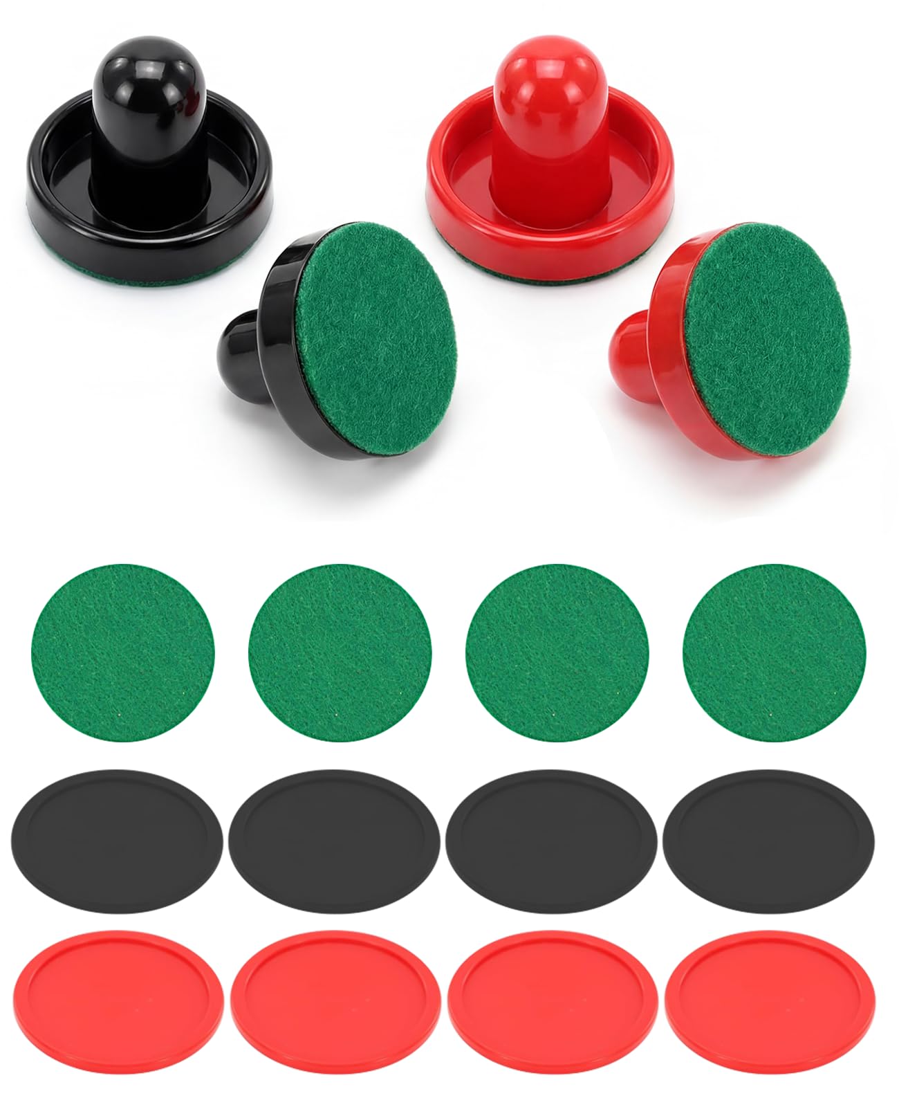 Waaqkid 16 Pcs Air Hockey Pucks and Paddles, Mini Goal Handles Air Hockey Replacement Accessories (4 Pushers, 4 Pads, 8 Pucks)