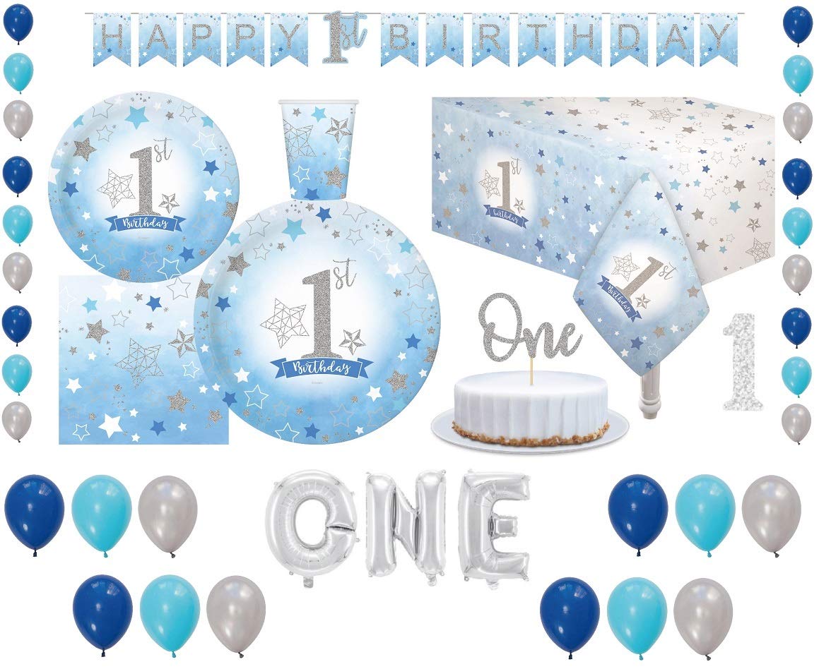 First Birthday Baby Boy Party pack for 30 Guesy Tableware Kit Plates Cups Napkins Table Cover Balloons Banner Ideal for 1st Birthday theme baby