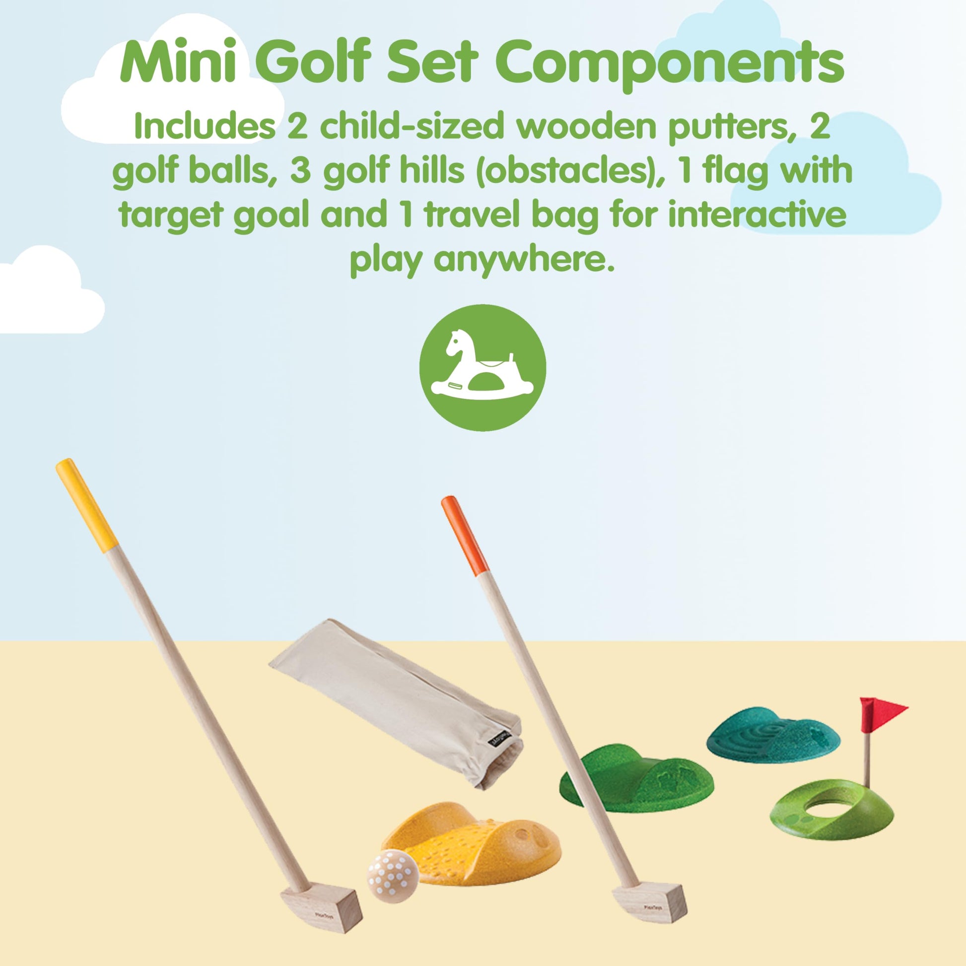 PlanToys® Mini Golf Set for Kids Wooden Game with 2 Putters, Balls & Target