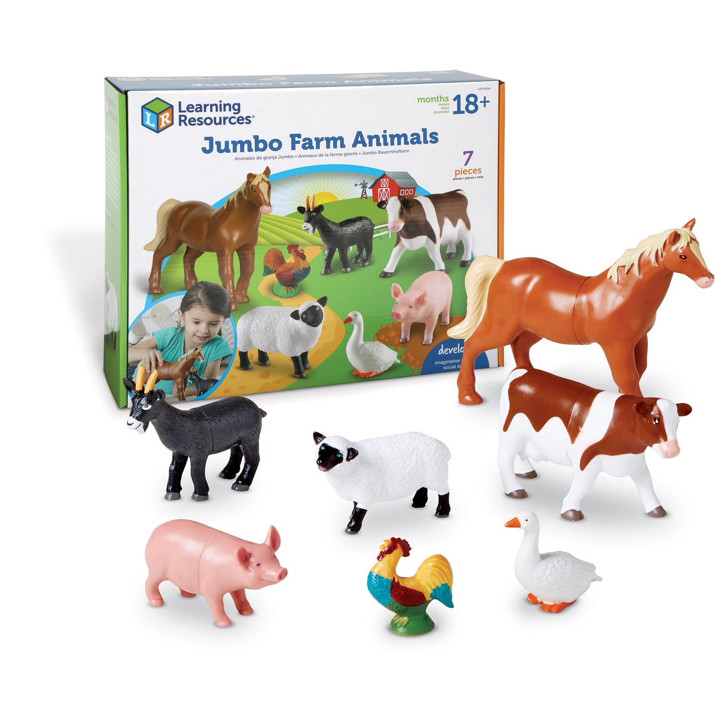 Learning Resources Jumbo Farm Animals - Horse Cow Sheep Chicken Goat Figurines, Barn Toys, Fine Motor Skills, Toddler Educational Playset, Montessori