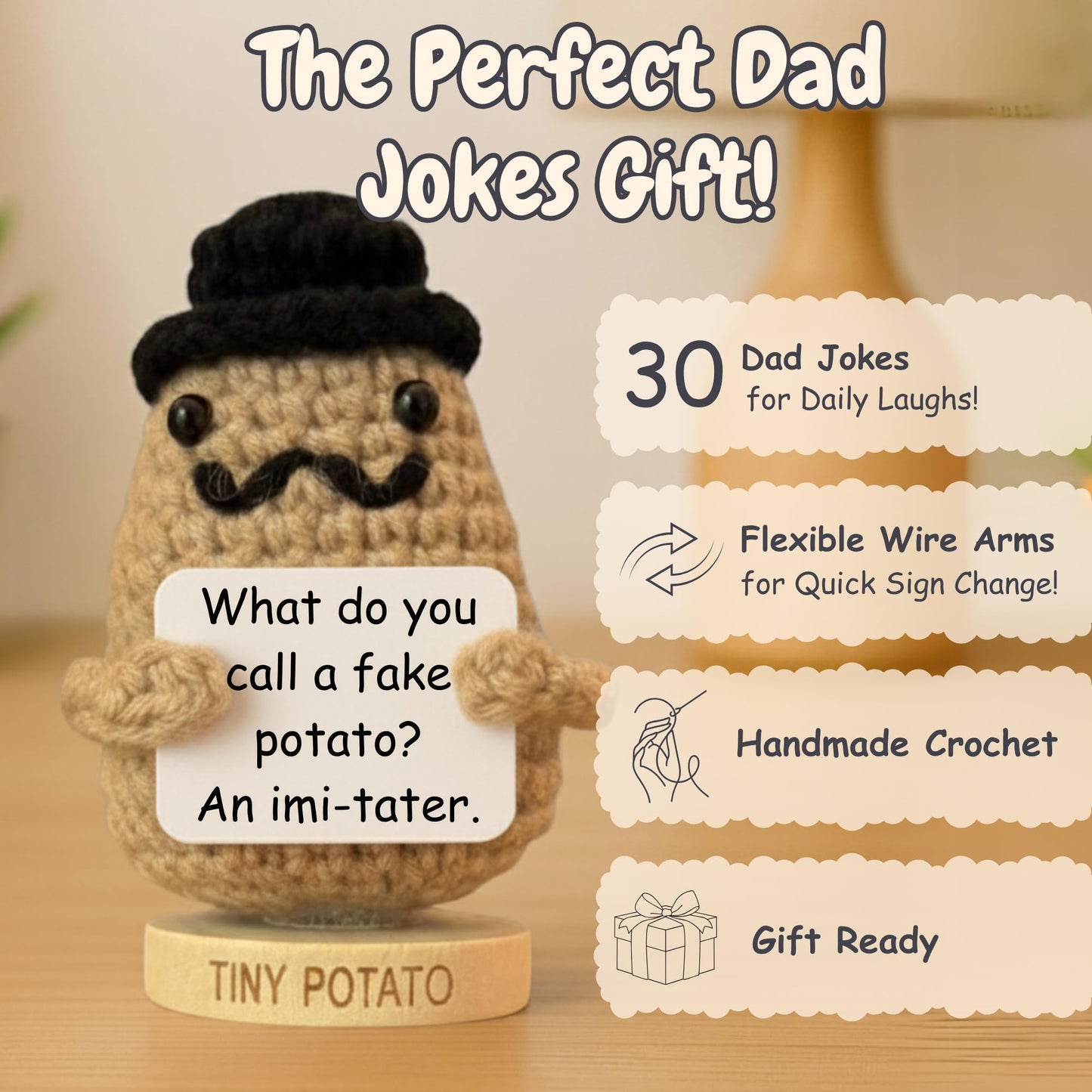 Dad Jokes Crochet Potato Doll with 30 Funny Signs - Funny Birthday Gift for Dad, Husband - Gag Gifts for Men, Father, Friend, Coworker, Uncle, Husband