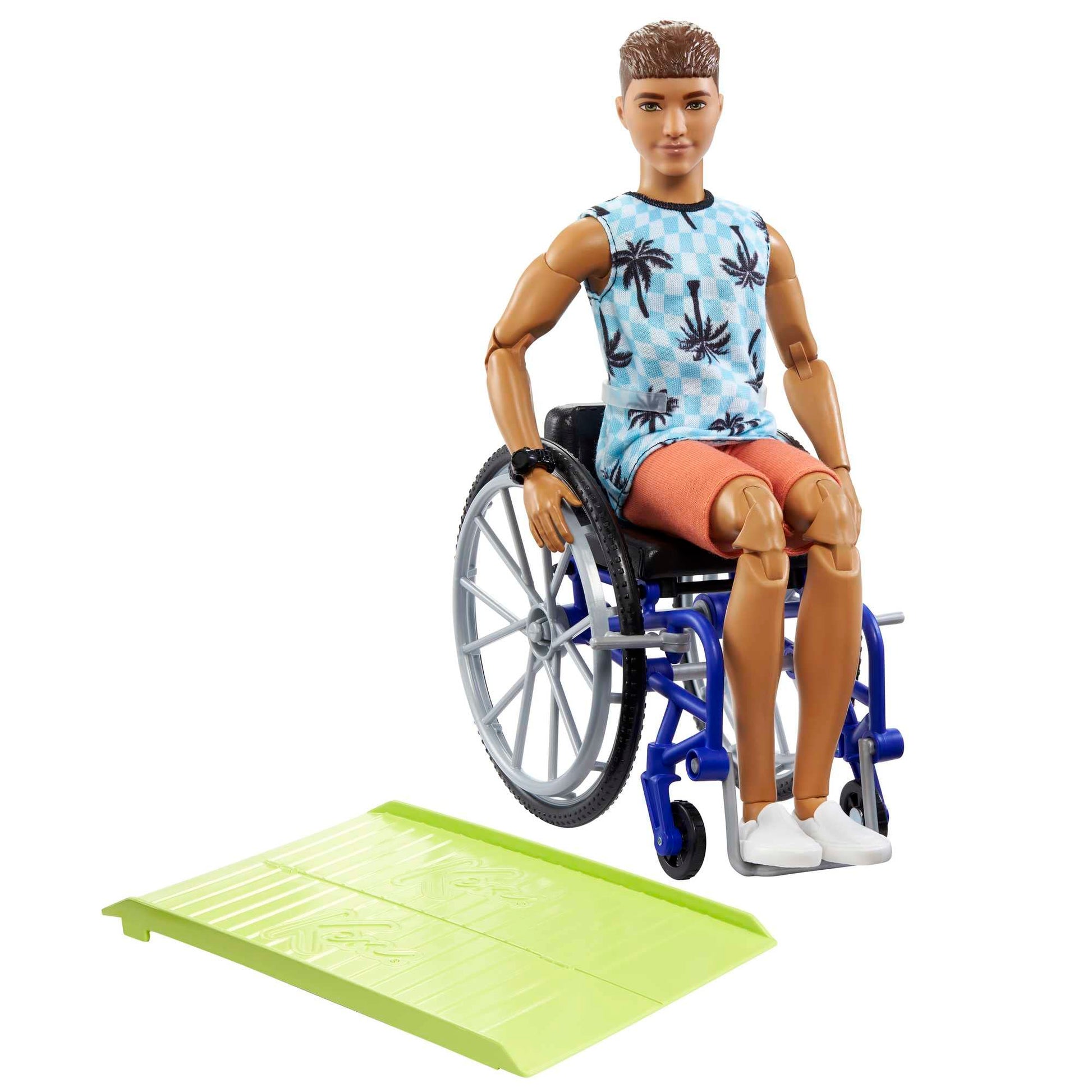 Barbie Ken Doll with Wheelchair & Ramp, Kids Toys, Fashionistas, Brunette with Beachy Tee and Orange Shorts, Clothes and Accessories
