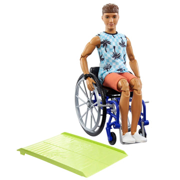 Barbie Ken Doll with Wheelchair & Ramp, Kids Toys, Fashionistas, Brunette with Beachy Tee and Orange Shorts, Clothes and Accessories