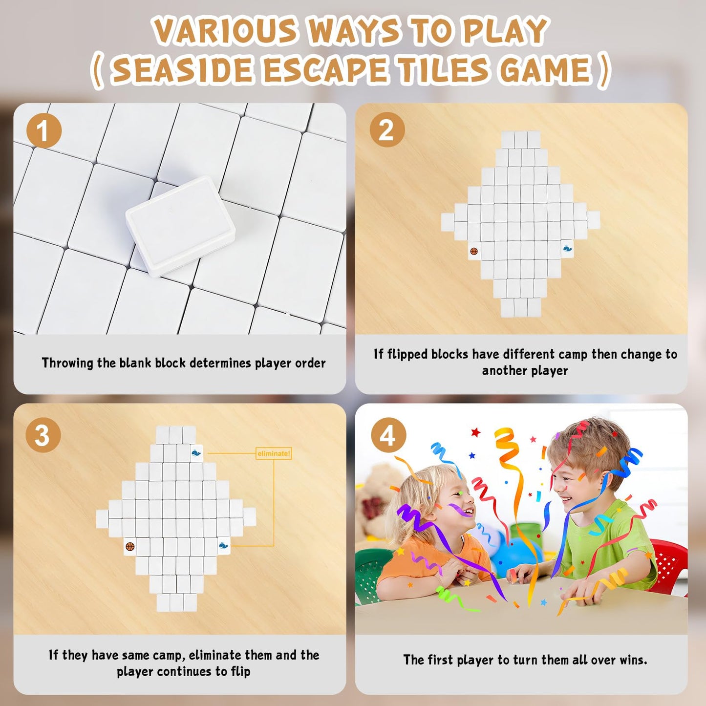 lovivid 65 Tiles 30mm Seaside Escape Game Block Matching Game for Kids, Vita Mahjong Game Set in ABS Plastic Material Set with 4 DIY Stickers (White)