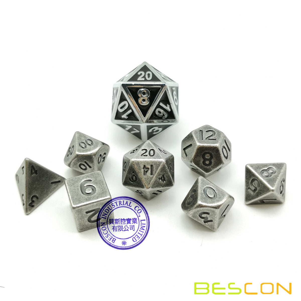 Bescon 10MM Mini Solid Metal Dice Set Old Nickle, Ancient Mini Metallic Polyhedral D&D RPG Miniature Dice 7-Sets