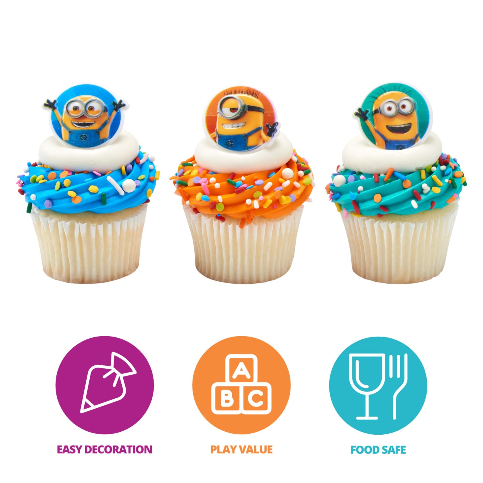 DecoPac Minions Cupcake Rings, 24 Despicable Me™ Cupcake Decorations, Phil, Carl and Bob - 24 Pack