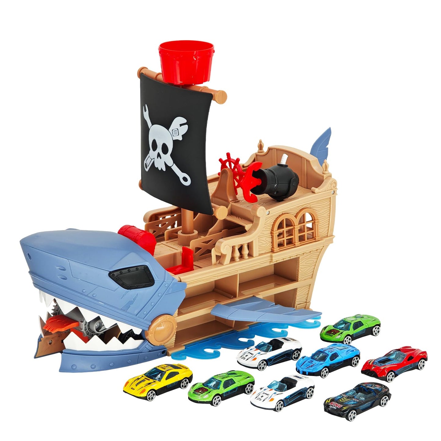 DUKVSG Shark Pirate Ship Toy Car Playset with Biting Jaws, 8 Race Cars, Launching Anchor and Turret, Great Play Shark Corsair & Race Cars, Birthday