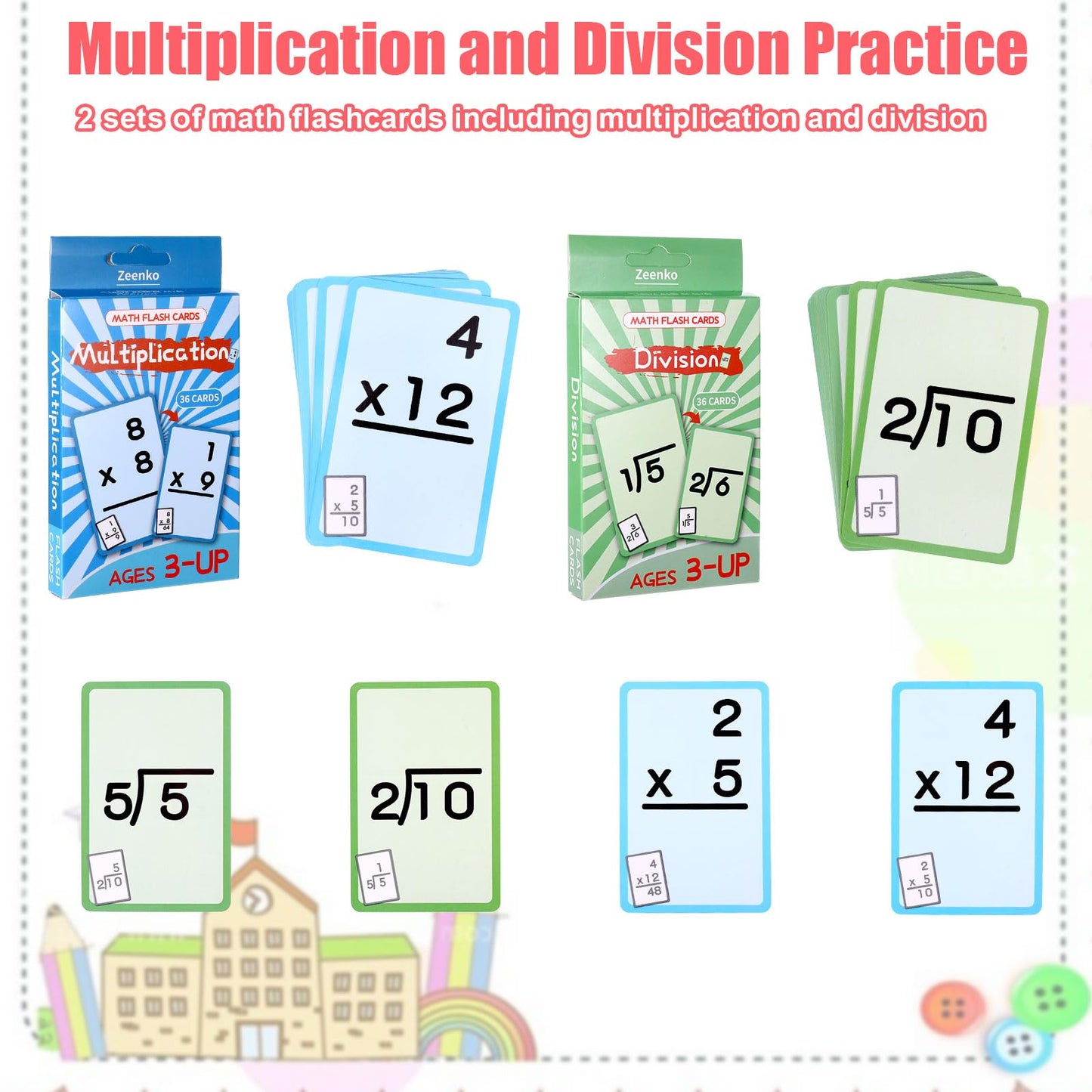 72 Pcs Math Flash Cards, Multiplication and Division Flash Cards for Studying, Math Manipulatives for Kindergarten Elementary Homeschool Classroom