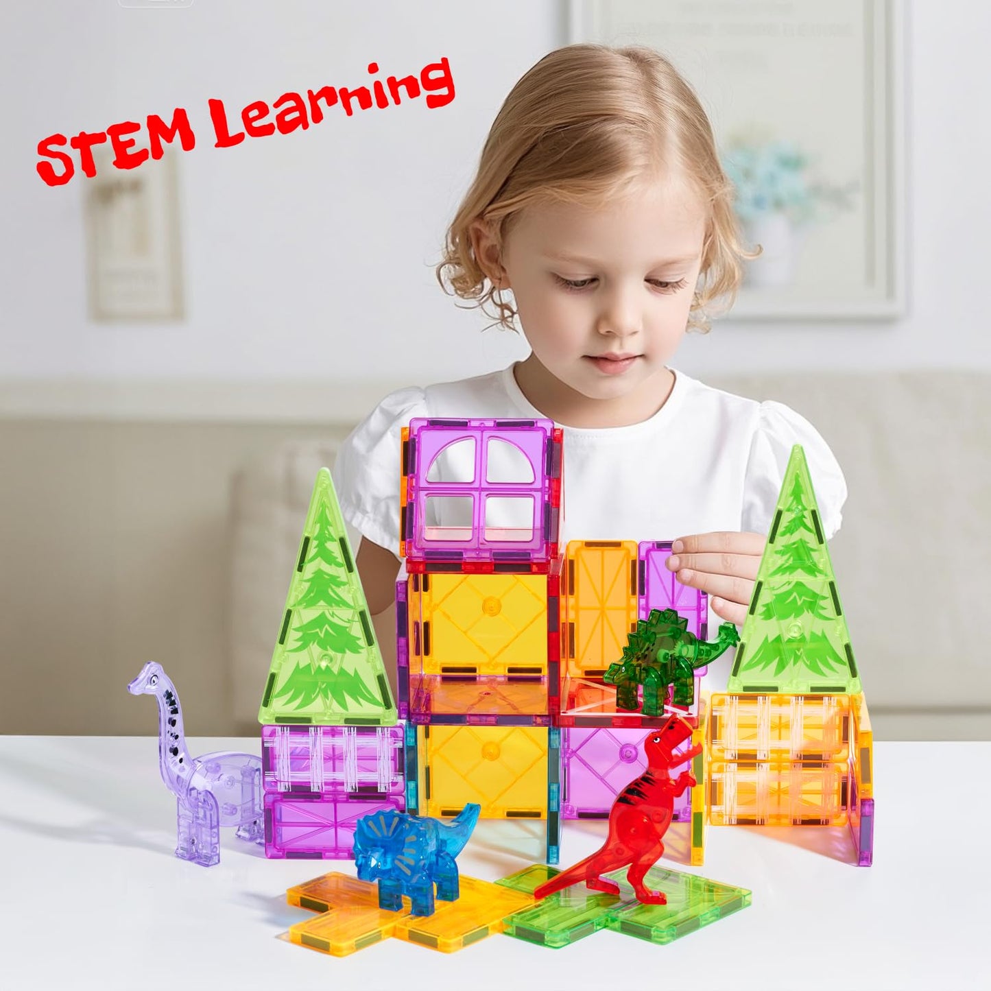 Dinoland Magnetic Tiles 32 Piece Set, Dinosaur Toys for Kids 3-5, STEM Building Blocks with Trees and Figures, Educational Construction Set for Boys