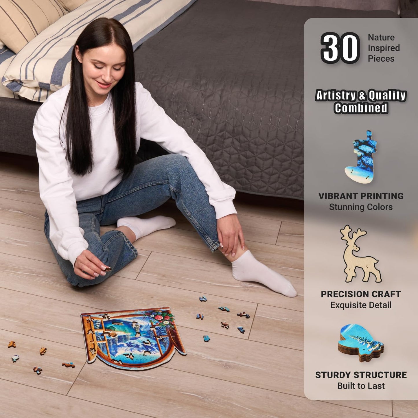 LEOGOR Wooden Jigsaw Puzzles for Adults 200 Pieces (11.1 × 10.9 in), Winter Puzzle, Extra-Thick 5 mm Wood, Unique Animal Shapes, Relaxing for Adults