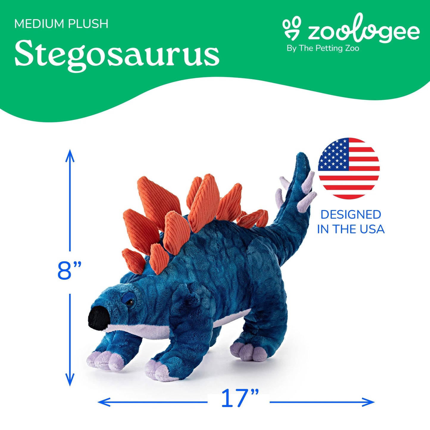 The Petting Zoo Stegosaurus Stuffed Animal Plushie, Gift for Kids, Dinosaur Animals, Blue Dinosaur Plush Toy 17 inches