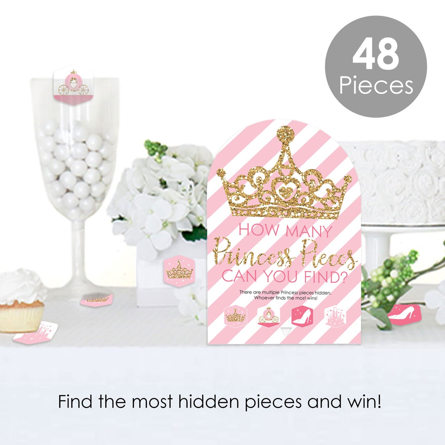 Big Dot of Happiness Little Princess Crown - Pink and Gold Princess Baby Shower or Birthday Party Scavenger Hunt - 1 Stand and 48 Game Pieces - Hide