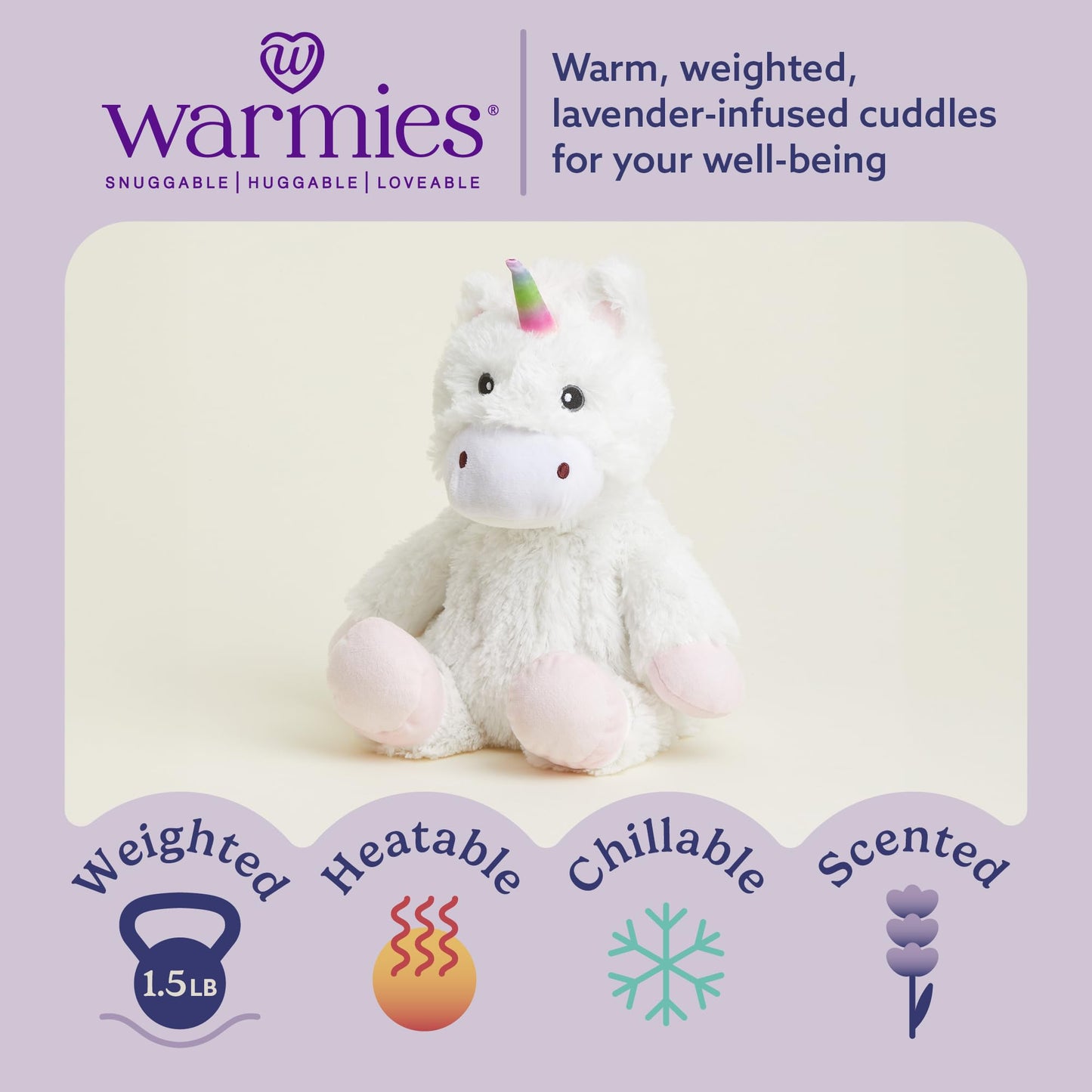 warmies Microwavable & Weighted Stuffed Animals, White Unicorn - Heated Stuffed Animal Plushie for Warmth & Comfort - Cute Soft Plush Toys for Adults