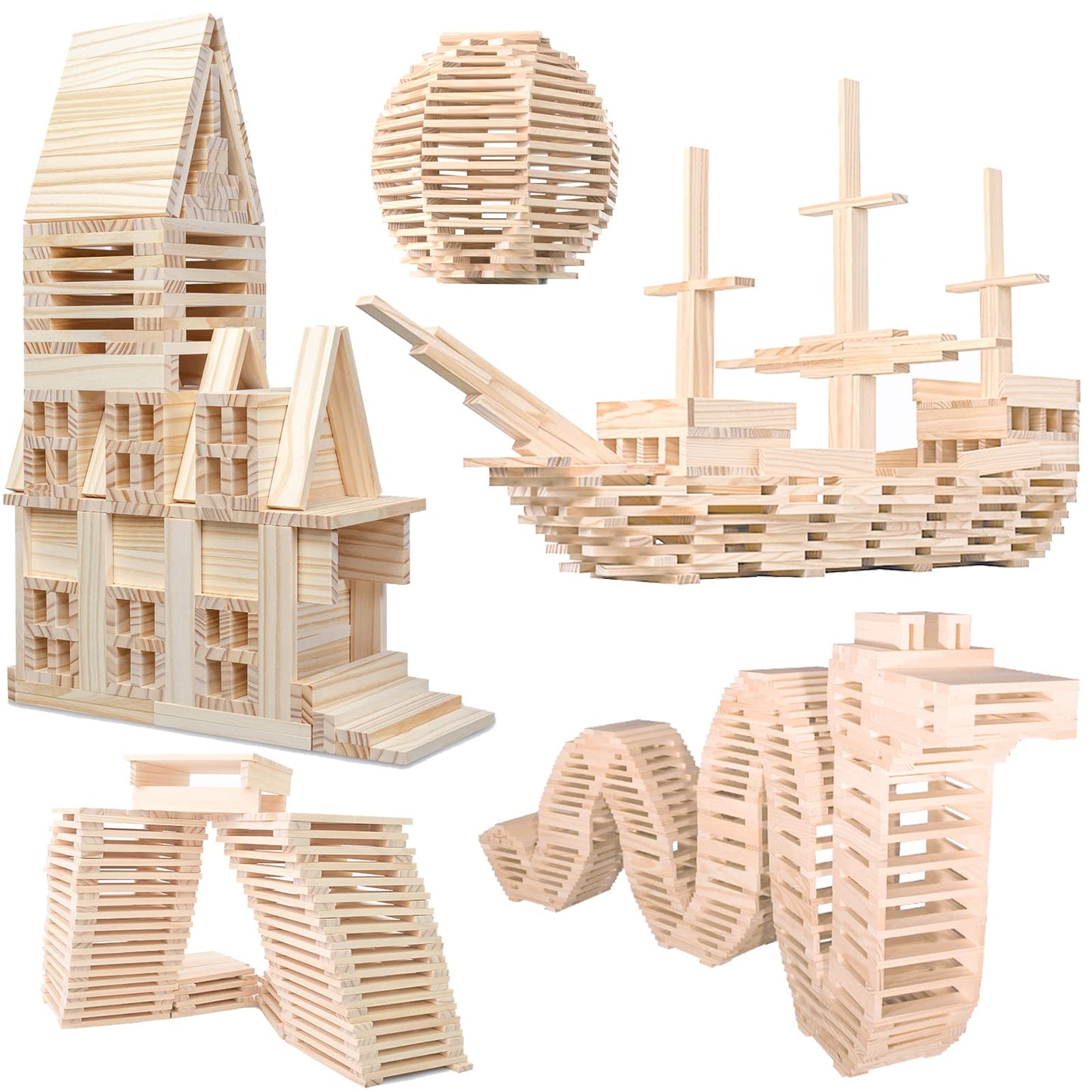NiToy Wooden Plank Building Blocks 200PCS Sensory Toy for Kids, Montessori STEM Playset with Natural Pine Wood Creative Shapes for Educational