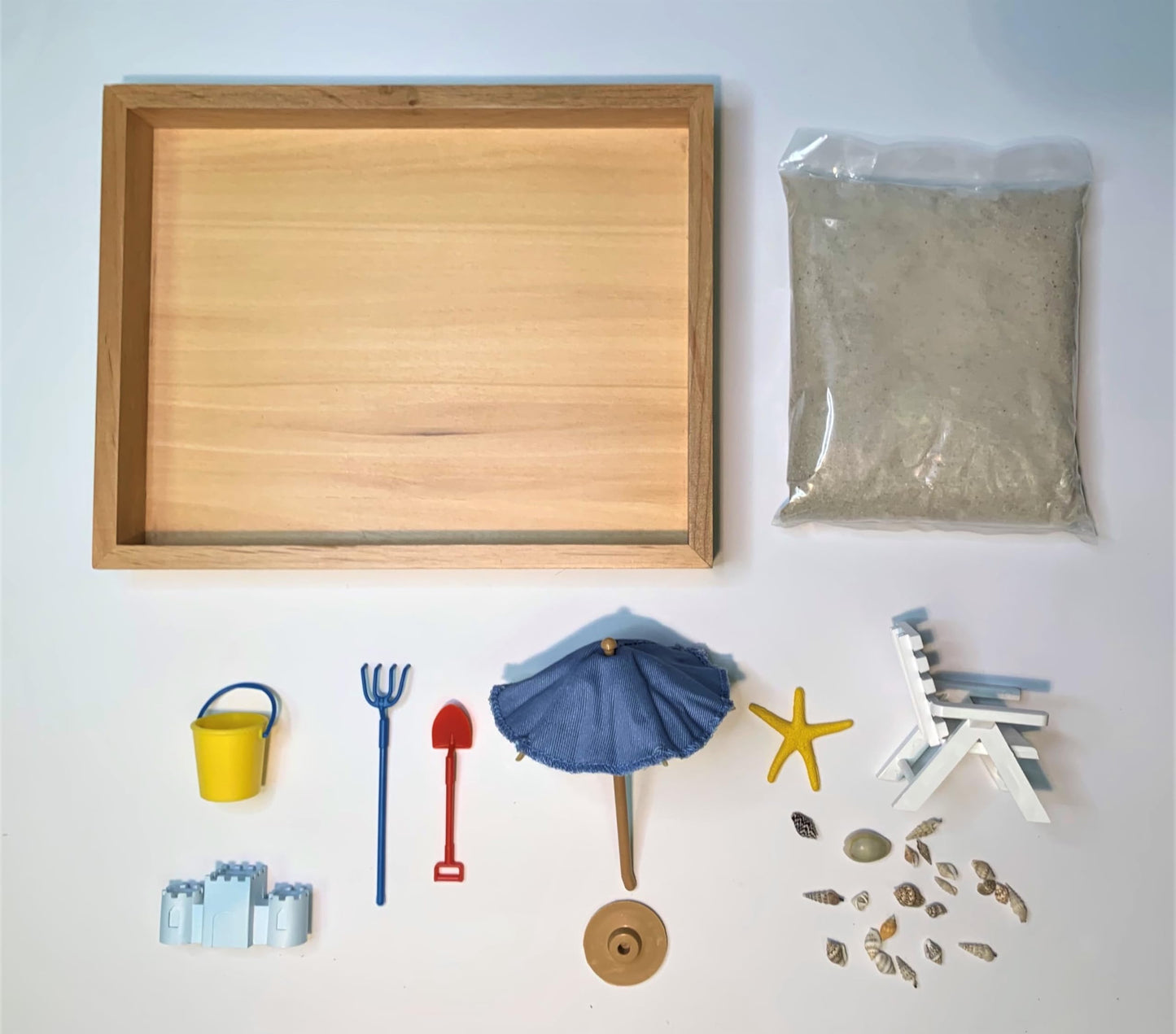 Executive Sandbox - Beach Themed Zen Garden - Desktop Stress Relieving Office Decor - Includes 8” x 10” Hardwood Sandbox, 8 Seaside Accessories,