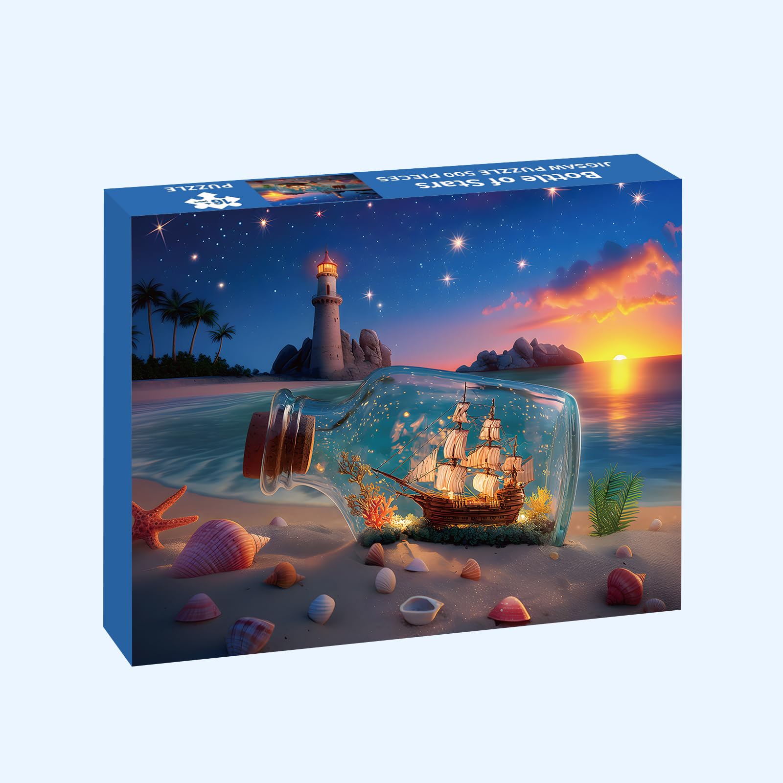 Puzzles for Adults 500 Pieces, Lighthouse Jigsaw Puzzles - Bottle of Stars, Impossible Beach Sailboat Puzzle for Seniors Families, 20.47x14.96 Inches