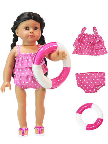 Hot Pink Polkadot 2-Piece Bathing Suit with Float for 18-Inch Dolls | Premium Quality & Trendy Design | Dolls Clothes