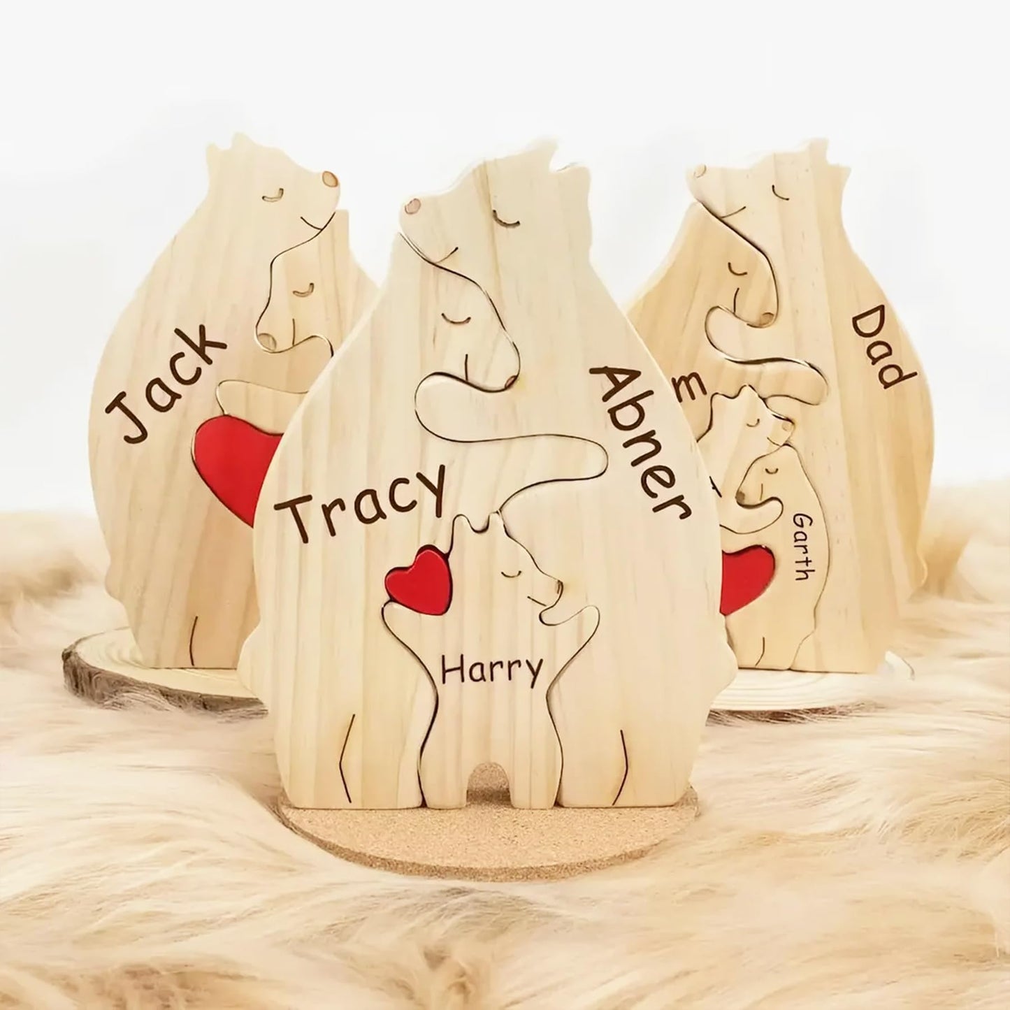 Personalized Wooden Bear Puzzle with 2-10 Family Name and Base,Custom Wooden Bear Decorative with Heart Loving for Christmas Family Bear Sculpture
