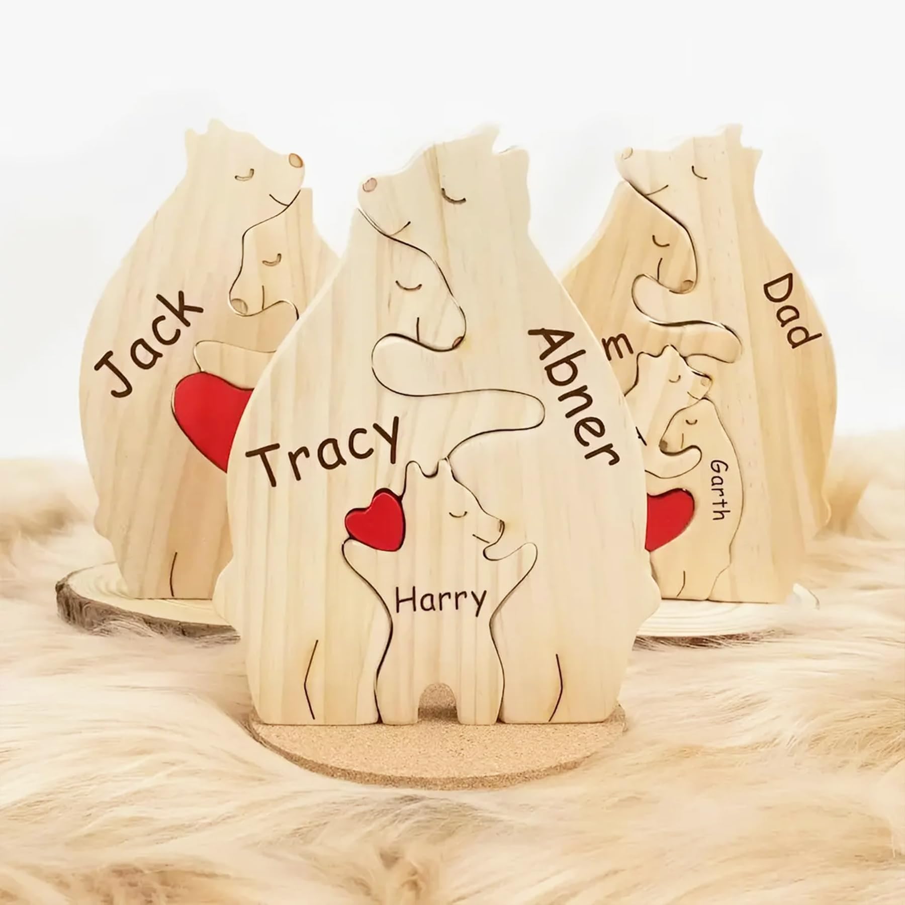 Personalized Wooden Bear Puzzle with 2-10 Family Name and Base,Custom Wooden Bear Decorative with Heart Loving for Christmas Family Bear Sculpture