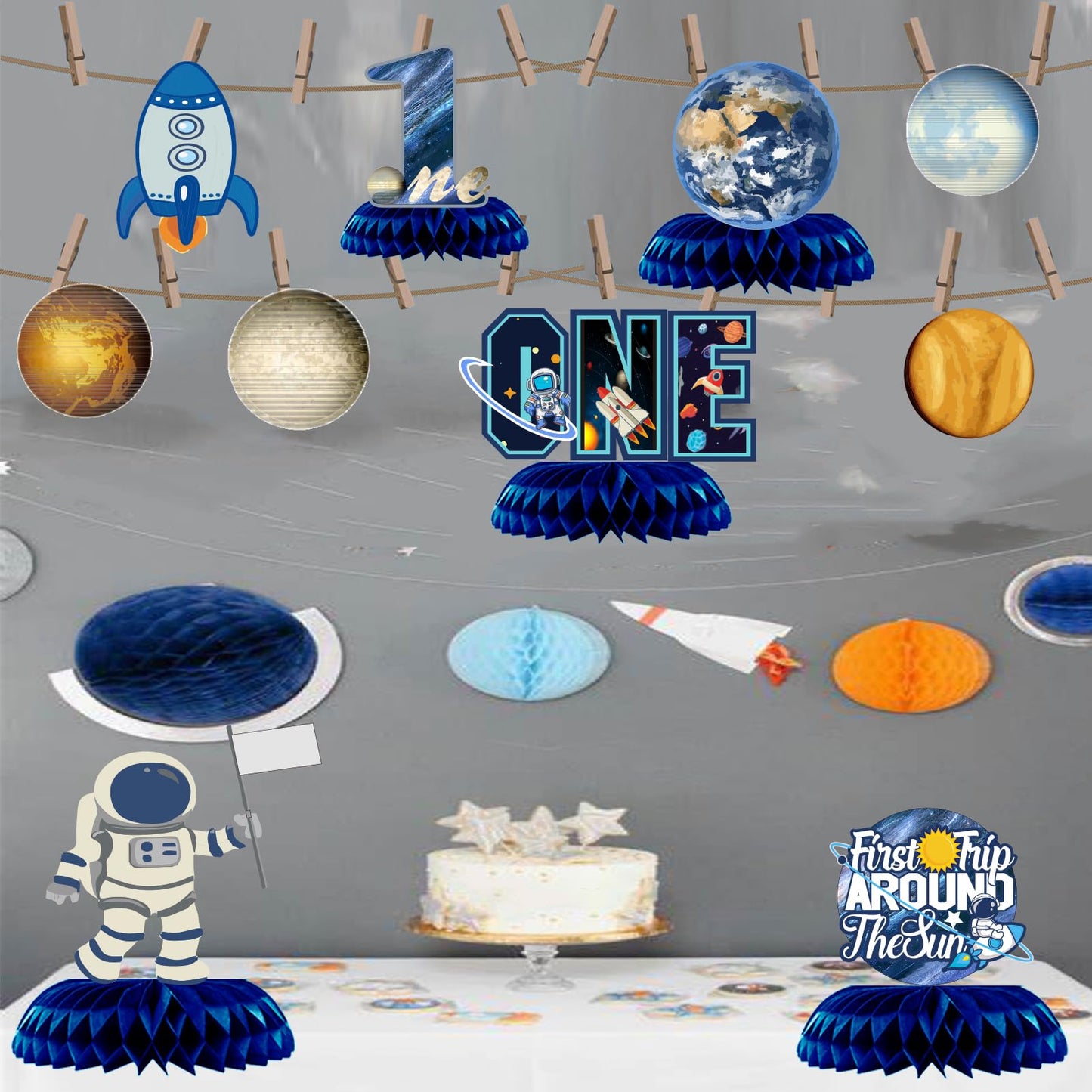 12Pcs First Trip Around The Sun One Letter Table Party Supplies Outer Space 1st Birthday Honeycomb Centerpiece Party Decoration Planets Solar System