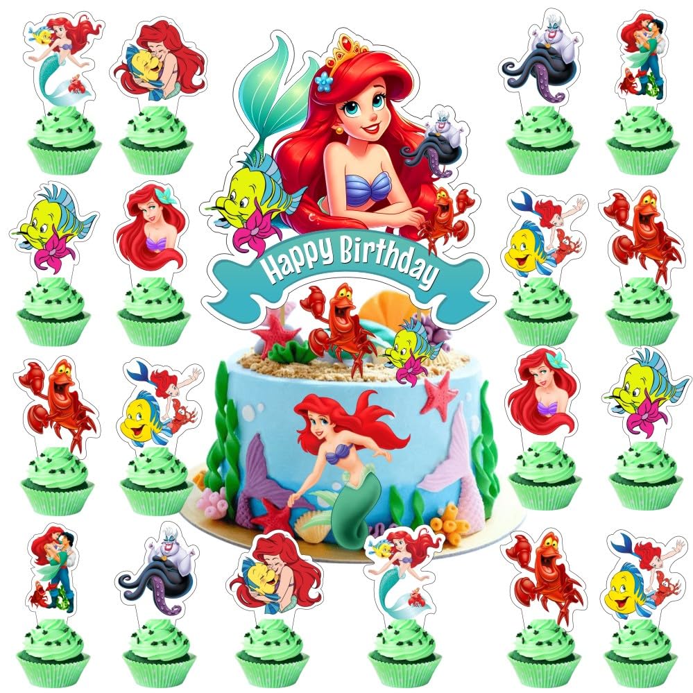 25Pcs Mermaid Cake Decorations with 24pcs Cupcake Toppers 1pcs Cake Topper for Girls Birthday Party Supplies