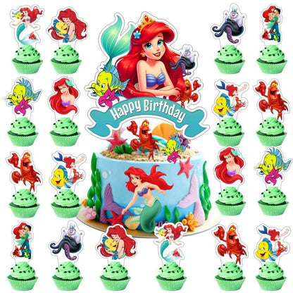 25Pcs Mermaid Cake Decorations with 24pcs Cupcake Toppers 1pcs Cake Topper for Girls Birthday Party Supplies