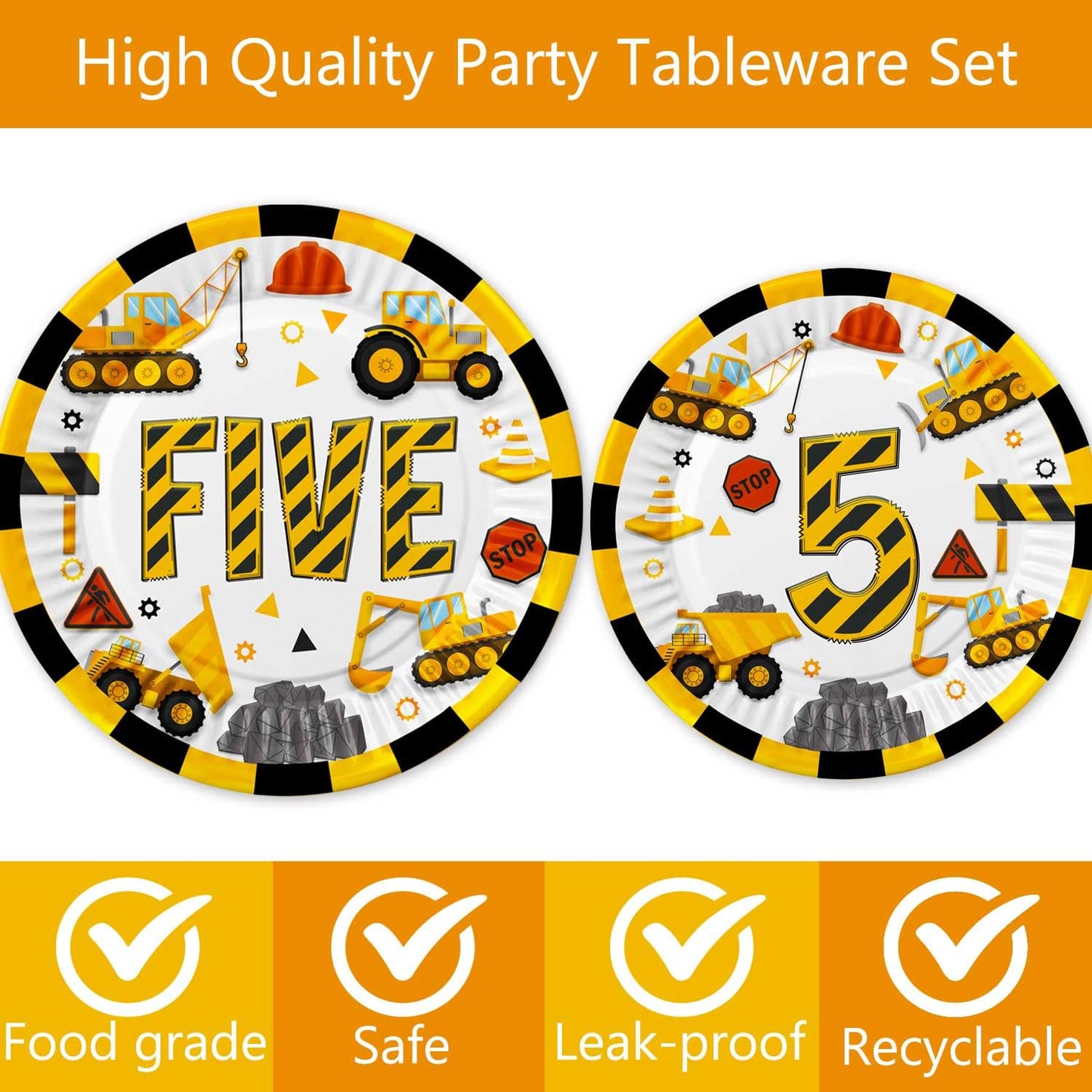 40 Pcs Construction 5th Birthday Party Paper Plates Dump Truck Five Years Old Disposable Paper Dinner Plates 4 Designs Tableware for Construction