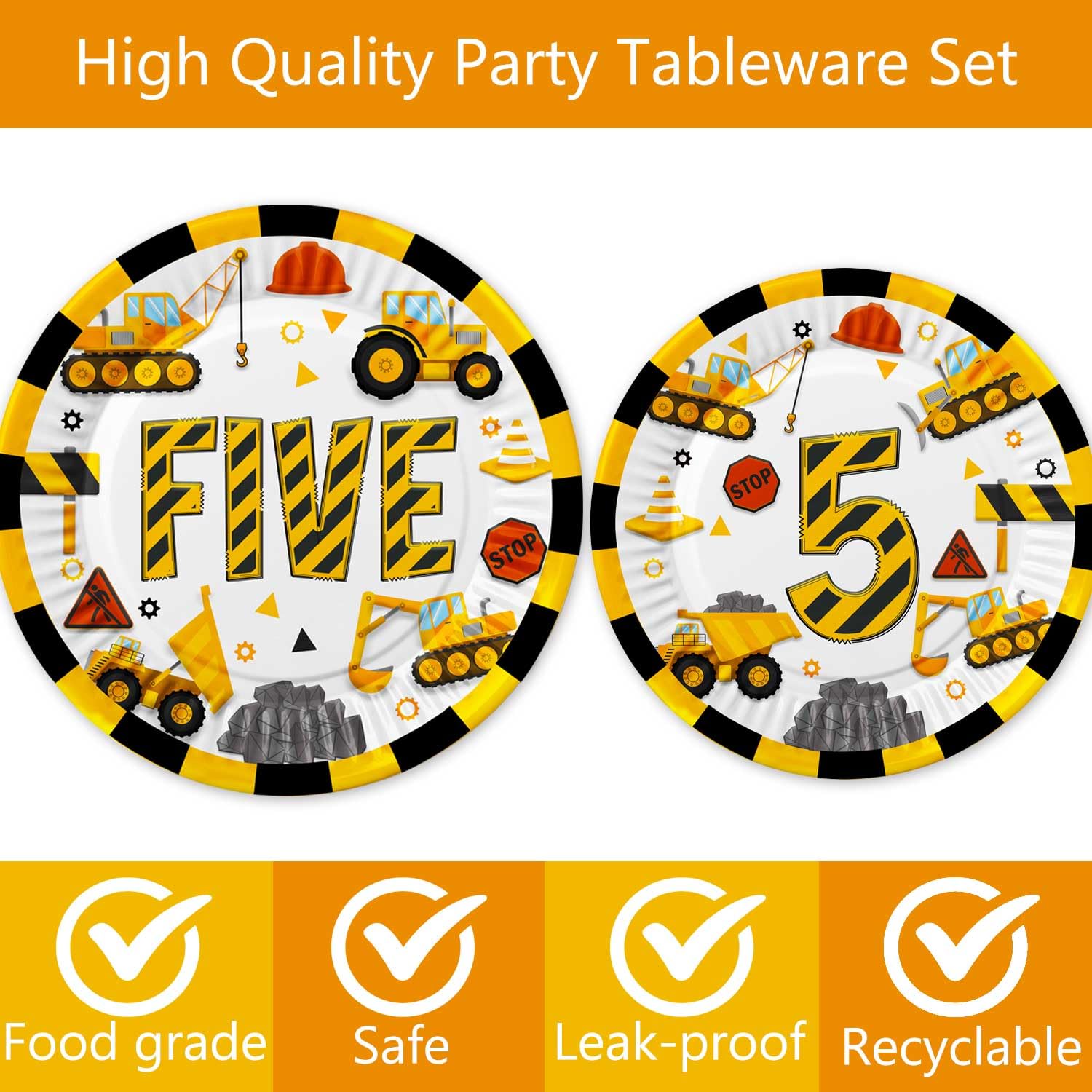40 Pcs Construction 5th Birthday Party Paper Plates Dump Truck Five Years Old Disposable Paper Dinner Plates 4 Designs Tableware for Construction