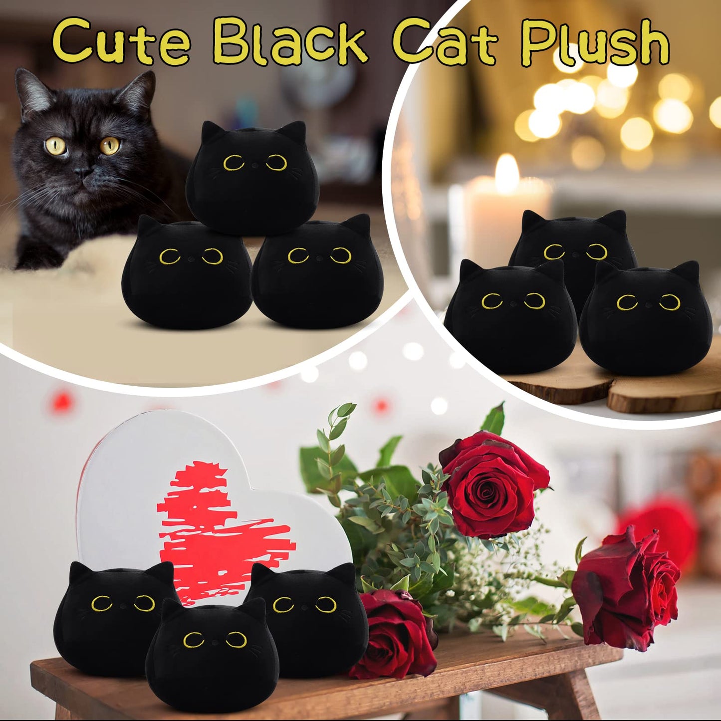 JIAJEGTGT Black Cat Plush, 3Pcs Cute Mini Black Cat Stuffed Animal for Home Decoration, Soft Cat Plush Birthday for Kids Boys Girls