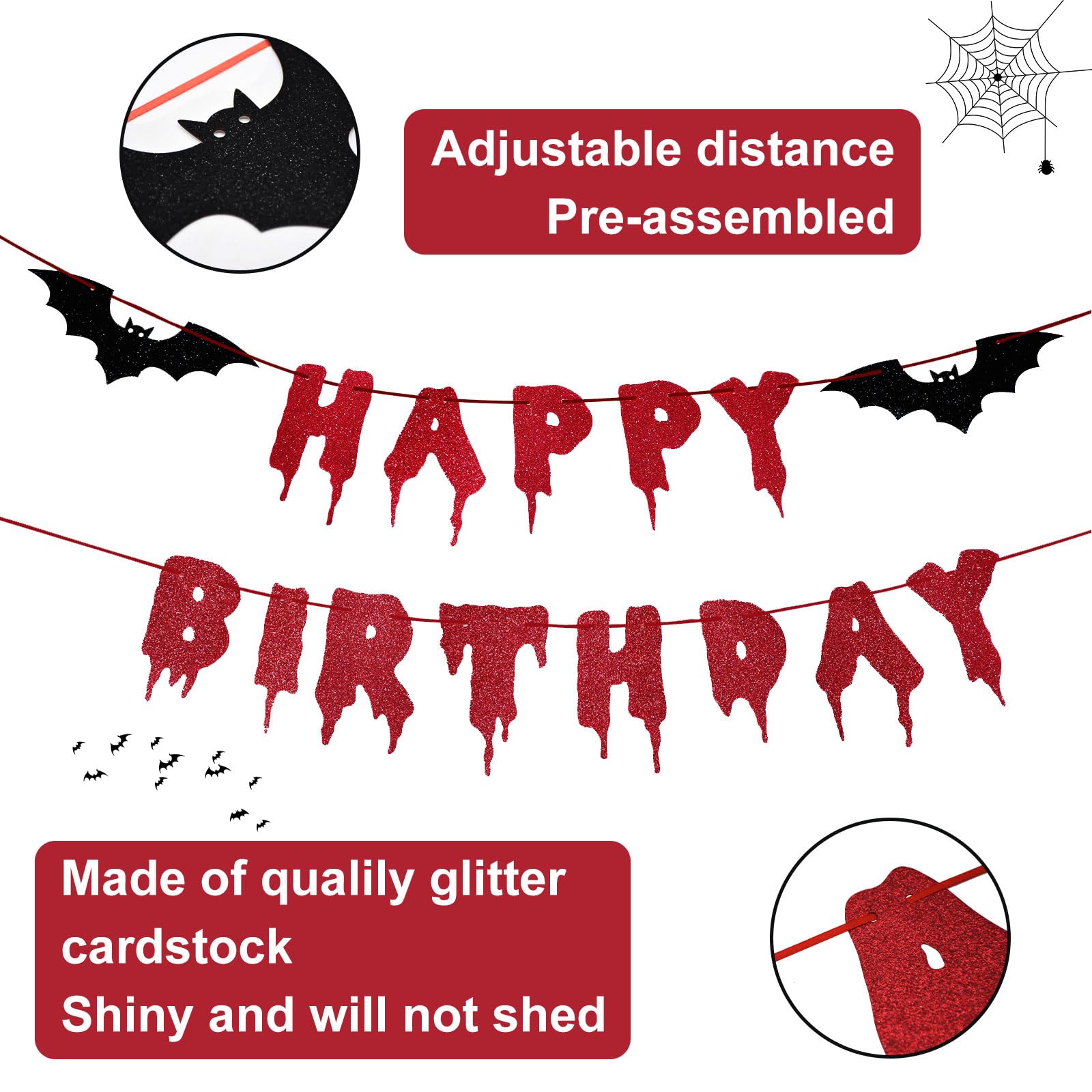 Red Glittery Happy Birthday Halloween Banner - Halloween Hanging Paper Garland Bunting Banner Bloody Bat Vampire Decorations, Photo Backdrop for Wall