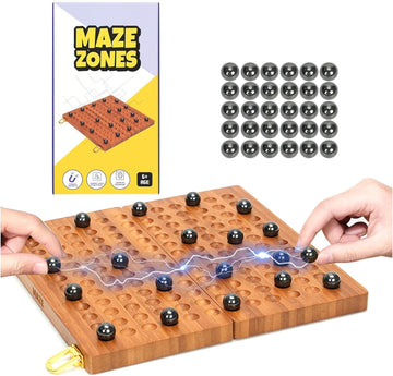 Wooden Magnetic Chess Game with 30 Piece Metal Balls, Magnet Game with Inner Storage Tray, Logical Strategy Game for Ages 6+