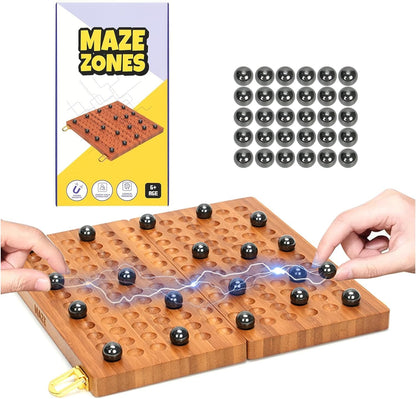 Wooden Magnetic Chess Game with 30 Piece Metal Balls, Magnet Game with Inner Storage Tray, Logical Strategy Game for Ages 6+