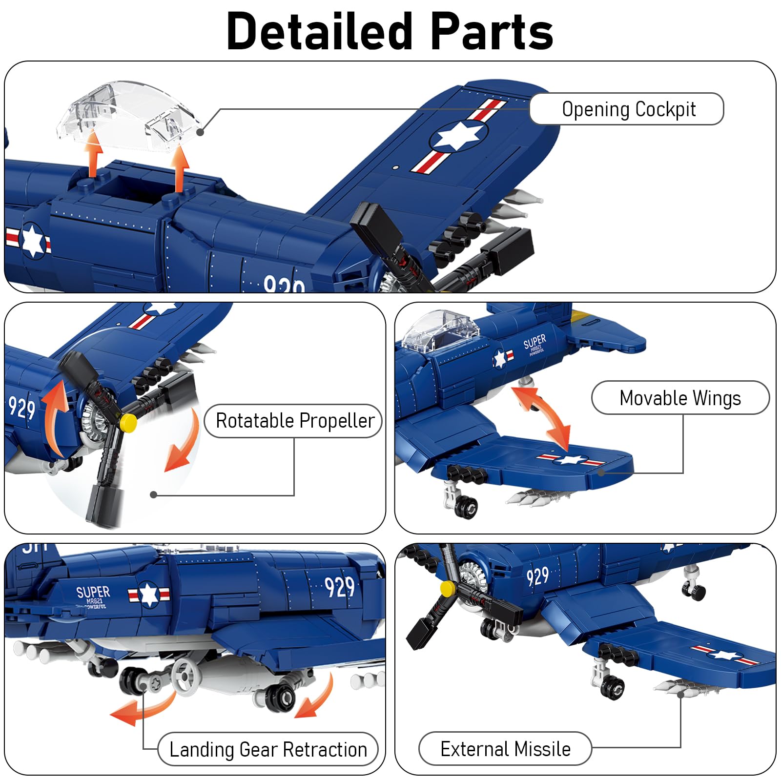 Vziimo WW2 Military Airplane Building Set, F4U Corsair Fighter Jet Models Kit, Aircraft Airplane Building Set for Teens Adults 14+ (562Pcs)
