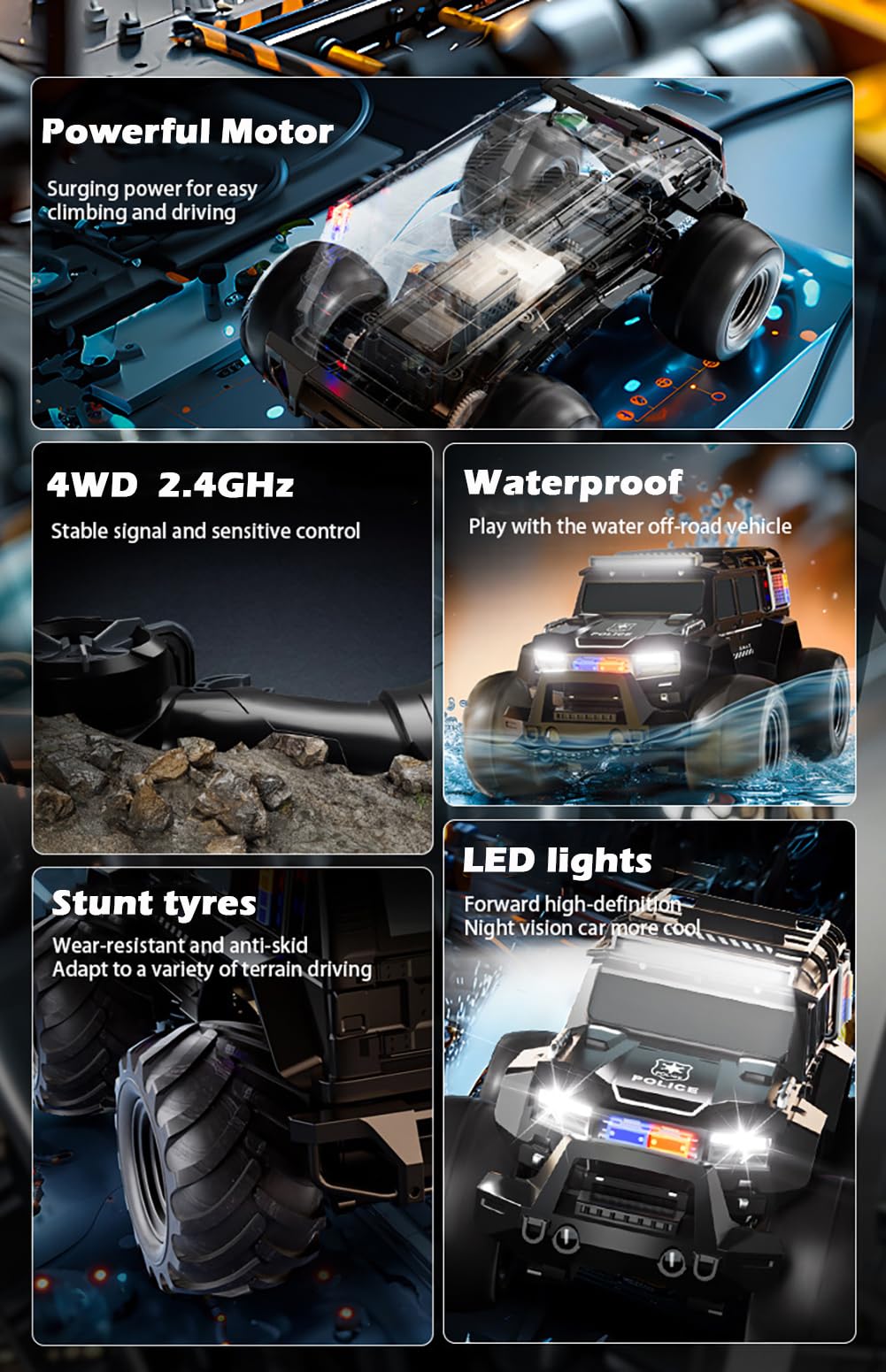 Amphibious Remote Control Car Waterproof Monster RC Cars 4WD All Terrain Off-Road Stunt Vehicle Toys with 2.4 GHz LED Lights for 6 7 8 9 10 11 12+