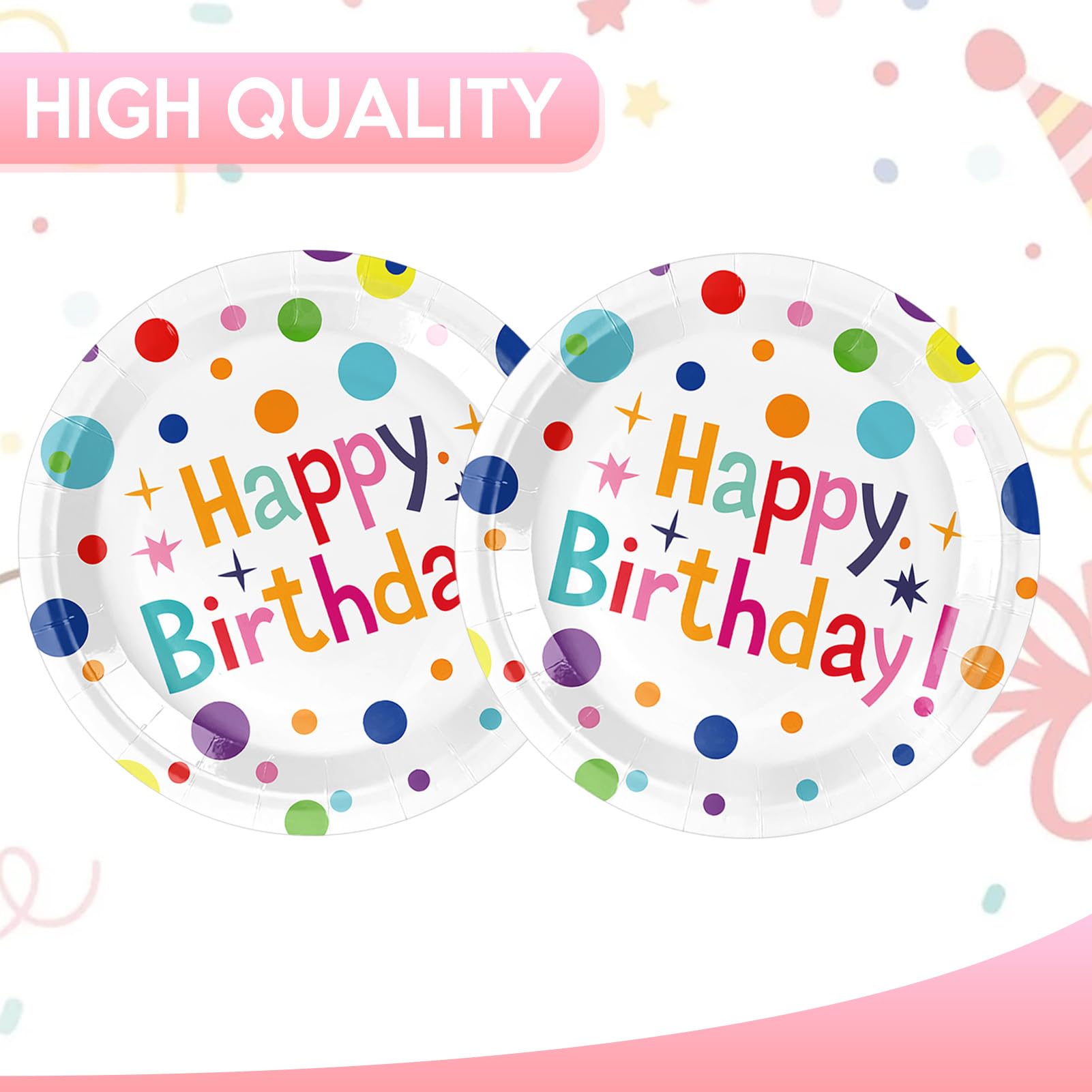 VVBray 20Pcs Happy Birthday Plates 9 Inch Large Paper Plates Multicolor Polka Dots Happy Bday Party Tableware Colorful Dinner Paperplates for Kids