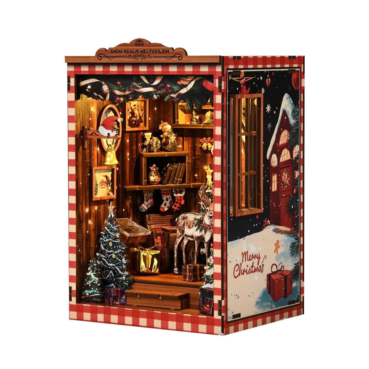 qpdbookpd DIY Book Nook?Buchstütze Aus Holz und 3D-Puzzle mit LED-Licht, bastelset Erwachsene?Book Nook kit?Weihnachtsgeschenke?Snow Realm Wei