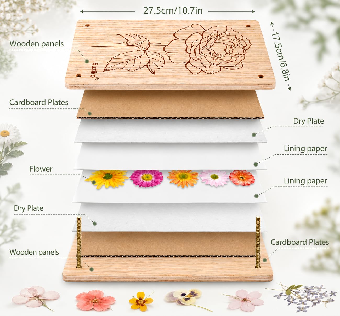 Suziko Large Flower Press Kit with Rose Pattern for Adults & Kids - 10.8 x 6.9 Inch Flower and Leaf Preservation Art Craft Kit, Great Gift for Nature