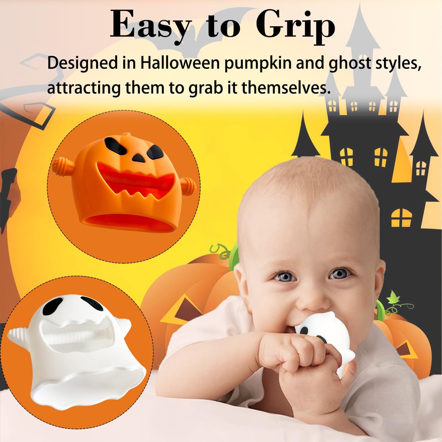 2 Pack Halloween Baby Teething Toy Halloween teethers for Baby, Cute Cartoon Baby Teether for Babies Wrist Hand Silicone Soft Soothe Teethers Baby