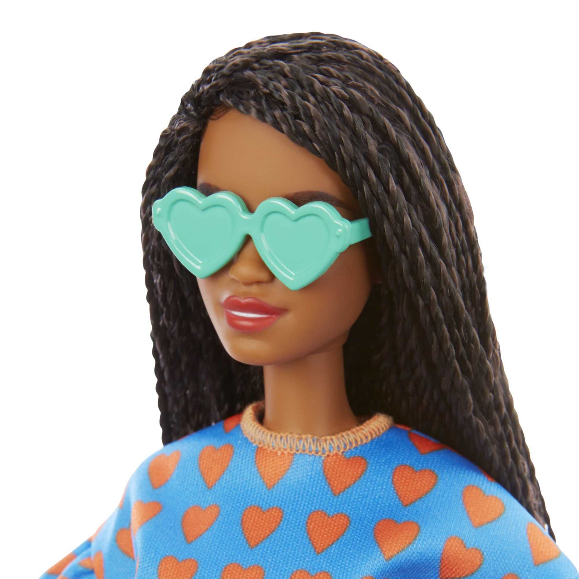 Barbie Fashionistas Doll #172 with Long Braided Black Hair, Heart Print Top & Shorts Set & Accessories Including Sneakers & Heart-Shaped Sunglasses