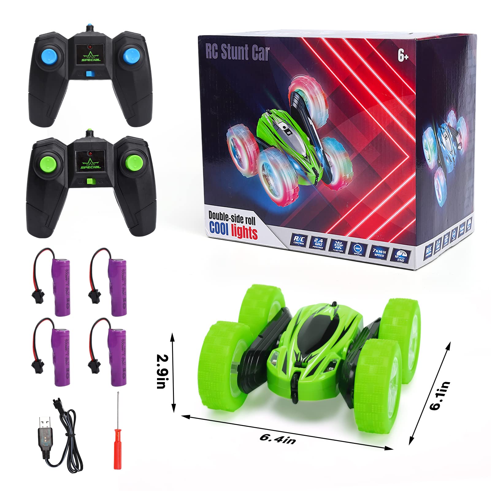 FunsLane 2 Pack Remote Control Car Toys for Kids, RC Stunt Cars with Wheel Lights, 2.4GHz Drift High Speed 4WD Off Road Double Sided 360° Rotating