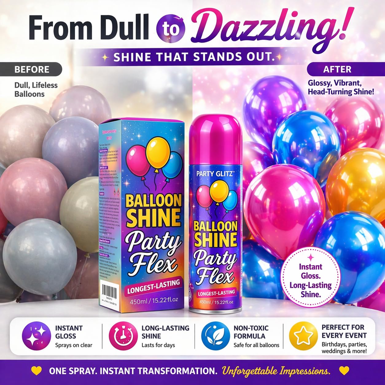 Balloon Shine Spray - 450ml High Shine Balloon Spray, Waterproof, Long-Lasting, Odorless, Instant Shiny Effect for Party Balloons Decorations