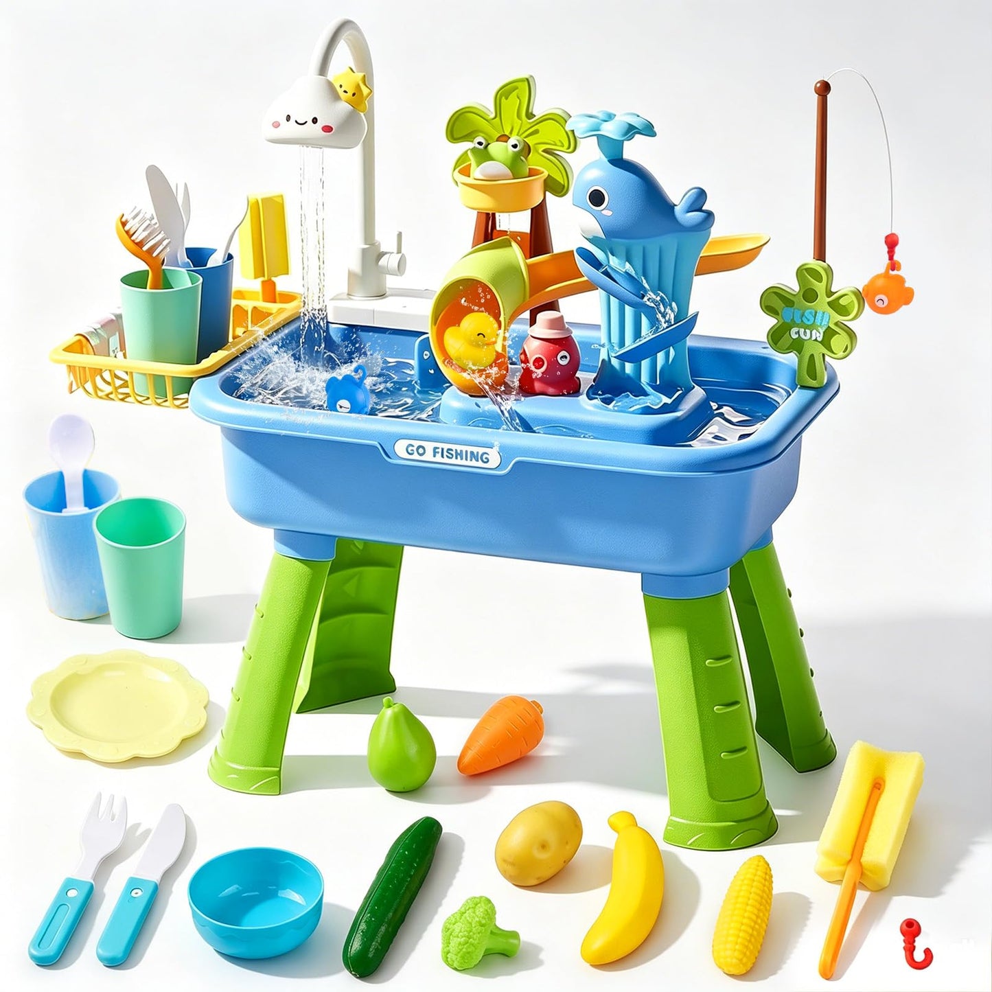 2026 Upgraded Water Table for Toddlers 1-3, Toddler Water Table with Automatic Water Cycle System, Water Table for Toddlers Fishing Kitchen, Role-Play