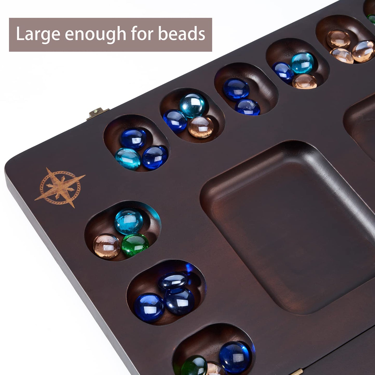 VAMSLOVE Mancala 4 Player Board Game Set, Luxury Solid Wood Folding Mancala Board, 96+12 Bonus Multi Color Glass Stone Beads Game Instructions