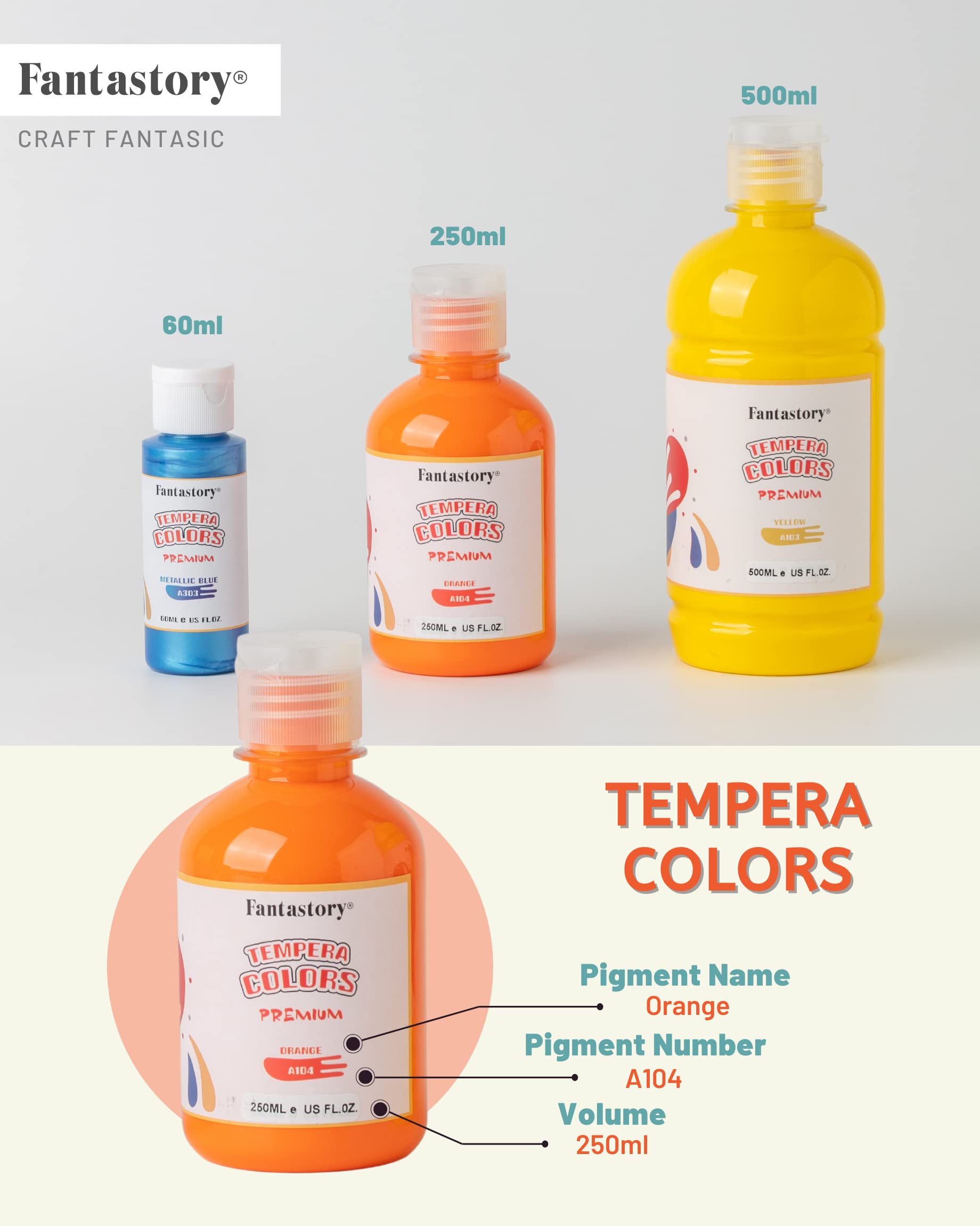 Fantastory Tempera Paint for Kids 12 Colors (8.4 oz Each) Washable Tempera Paint, Kids Poster Sponge Painting, Non-Toxic Finger Hand Bottles Gifts