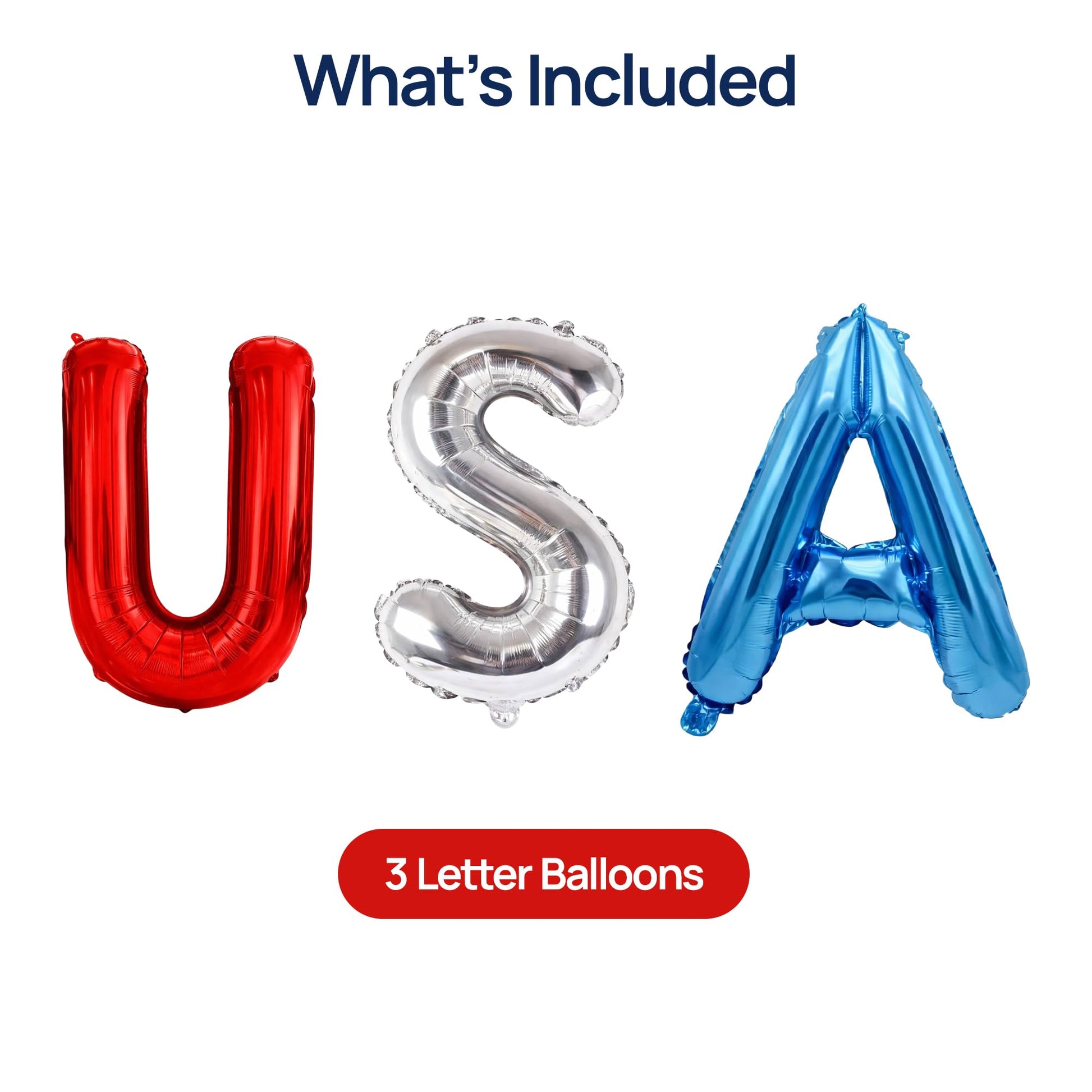 Dream Decor USA Balloon Letters - 40 Inch Patriotic Foil Letter Balloons (U Red, S Silver, A Blue) with Ribbon & Inflation Straw - 4th of July