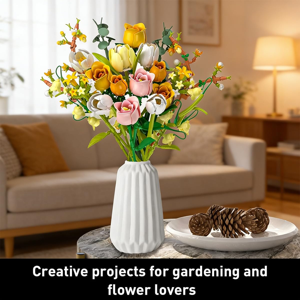 Pink Roses Flower Bouquet Building Set for Adults, Artificial Flower Compatible with Lego Flowers Botanicals, Christmas & Valentine's Day, Birthday
