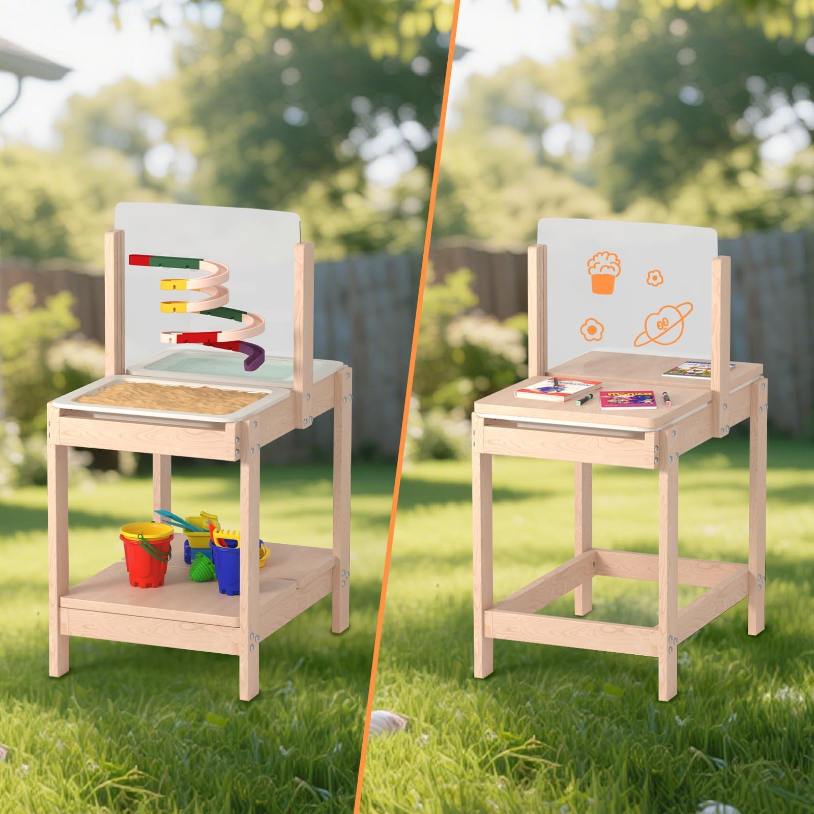 KidsBuddy 4-in-1 Wooden Toddler Sensory Table with 2 Storage Bins